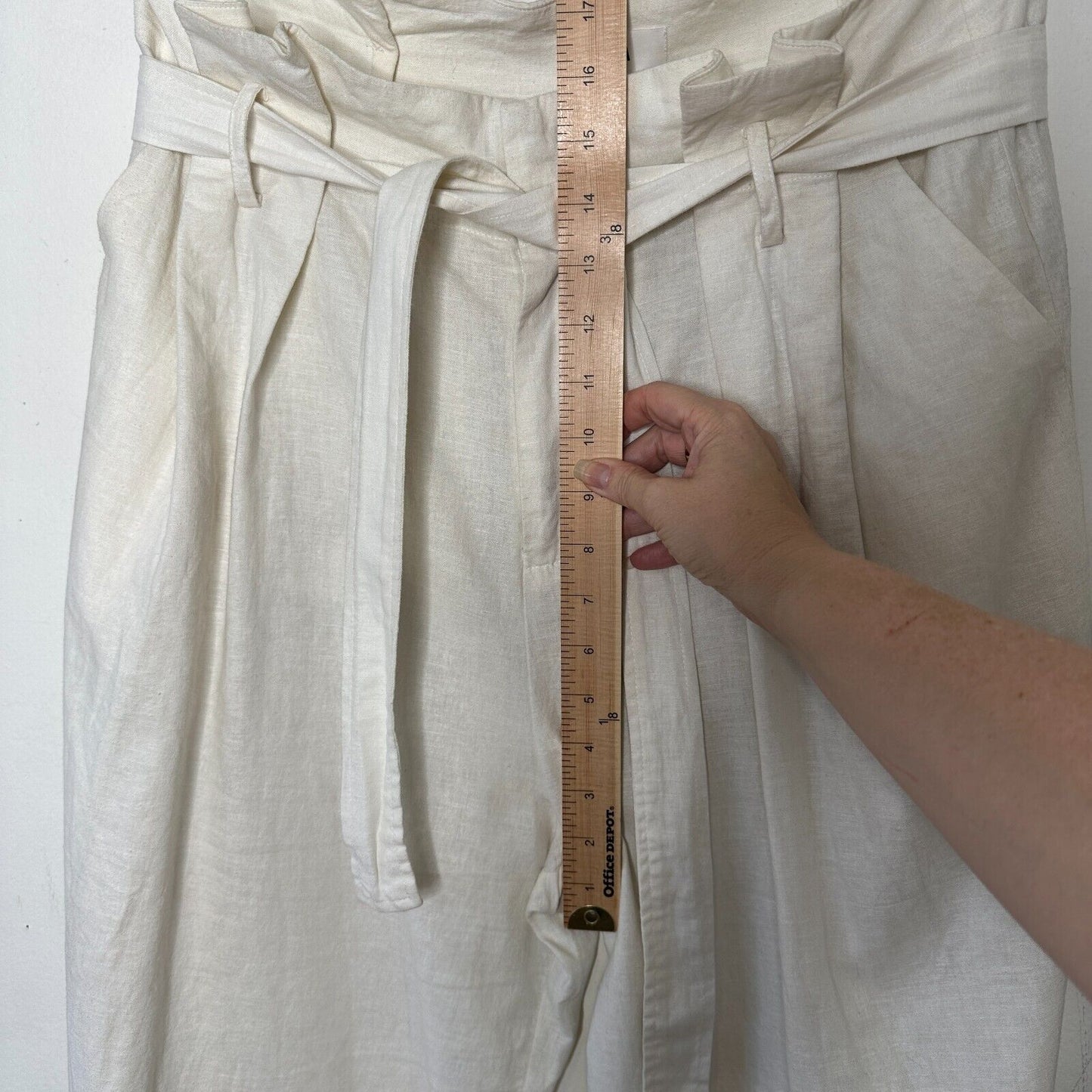 LPA Off White Linen Wide Leg Paperbag High Waist Self Tie Pleated Trousers L