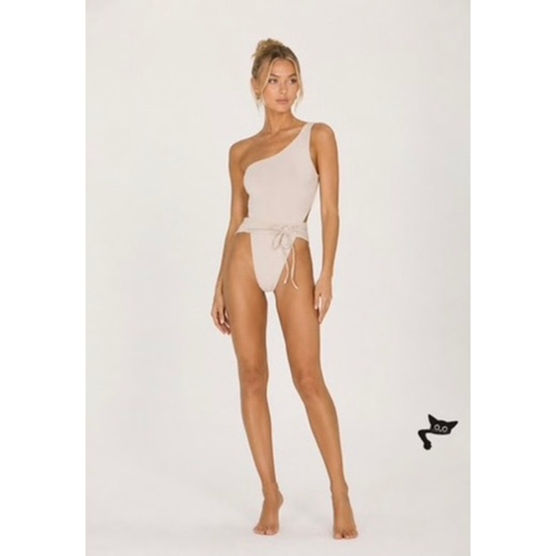 NWT Riot Swim Coconut Maddox 1-Piece 1-Shoulder Tie Waist High Leg Swimsuit SM