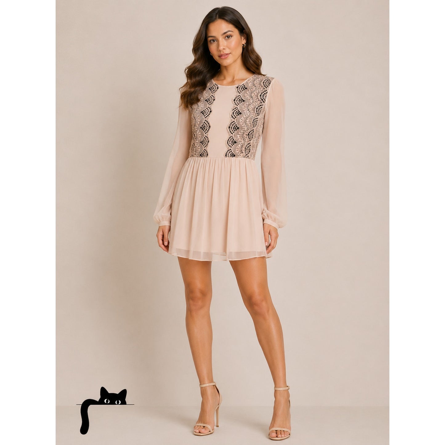 Pins and Needles Rose Tyrie and Black Lace Long Sleeve Lined Gauze Mini Dress 0