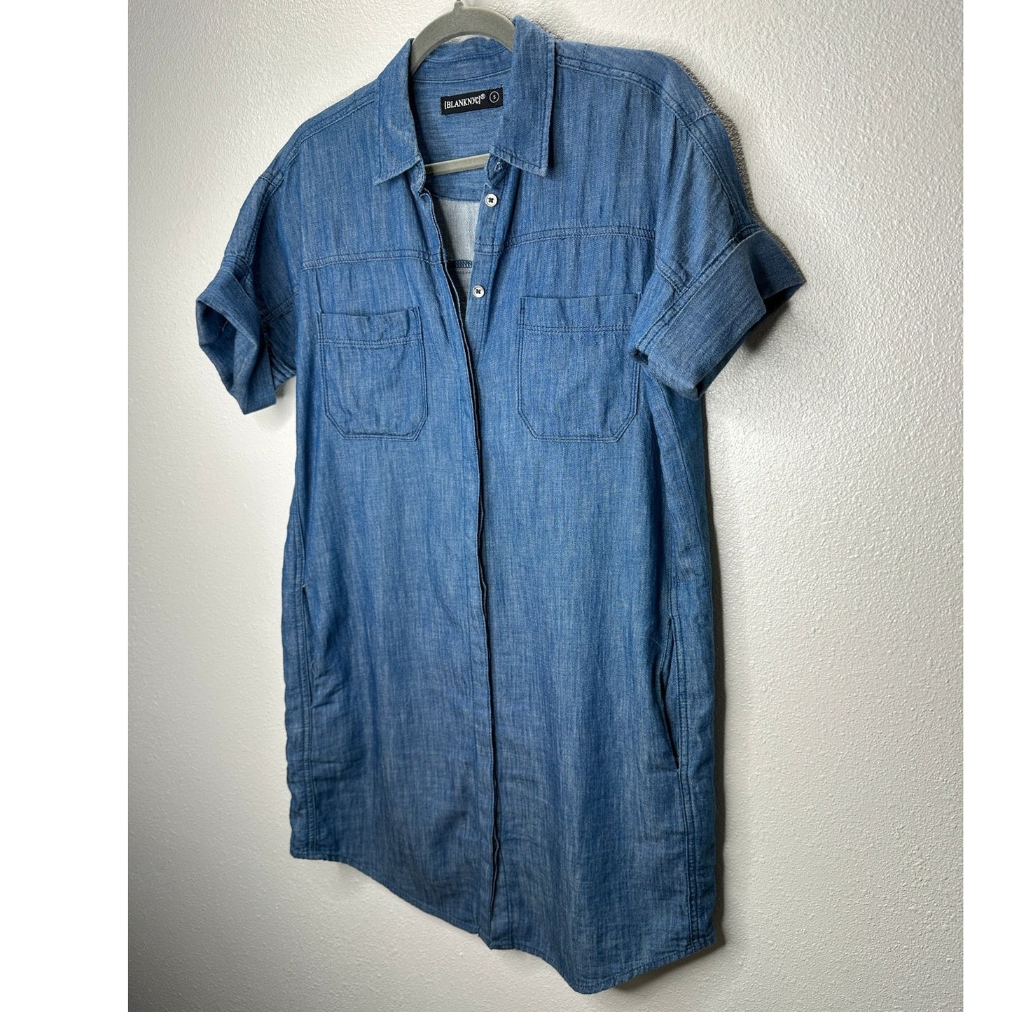 Blank NYC Medium Blue Denim Short Sleeve Pocket Jean Shirt Dress S