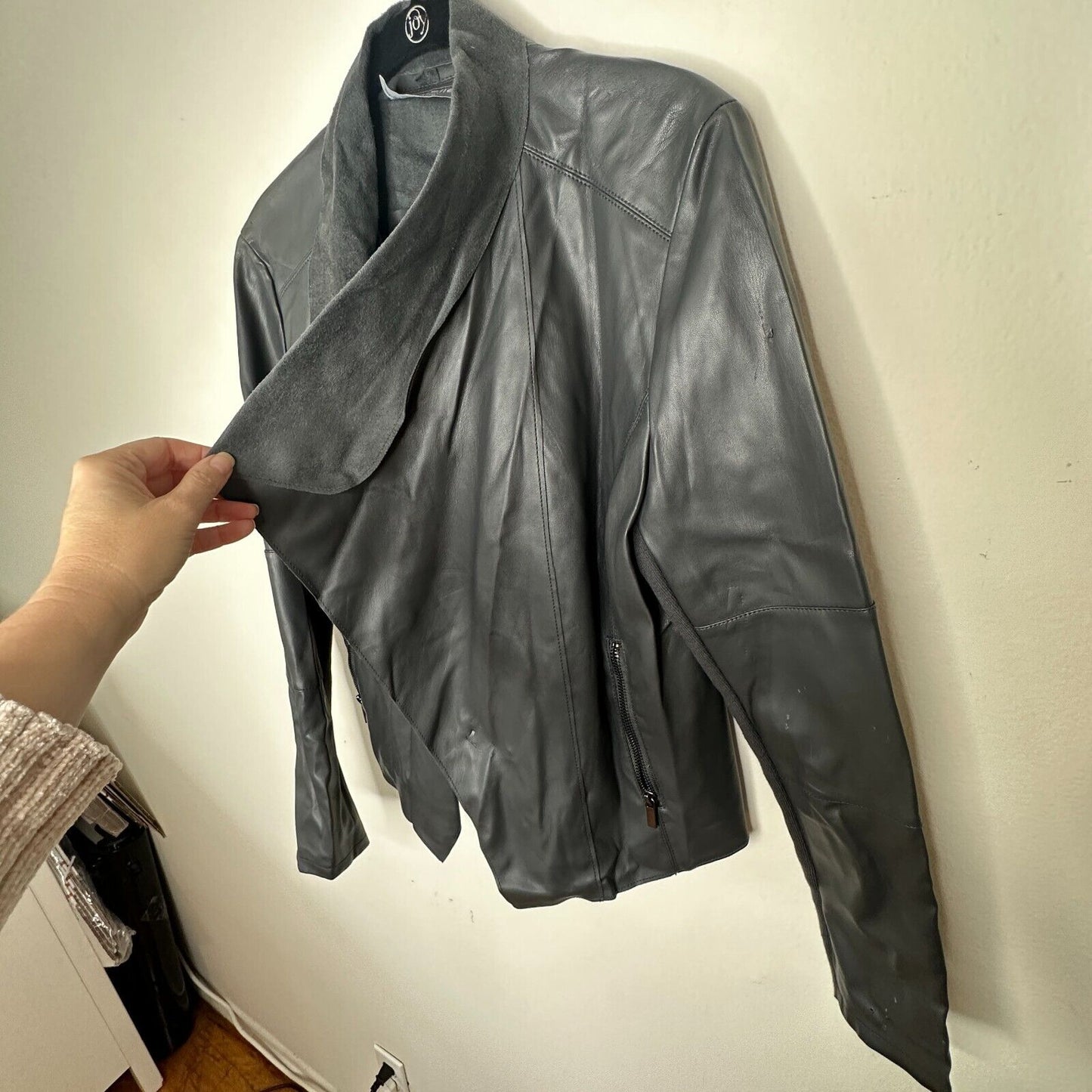 Bagatelle Pewter Gray Faux Leather Open Front Waterfall Jacket Zip Pocket Medium