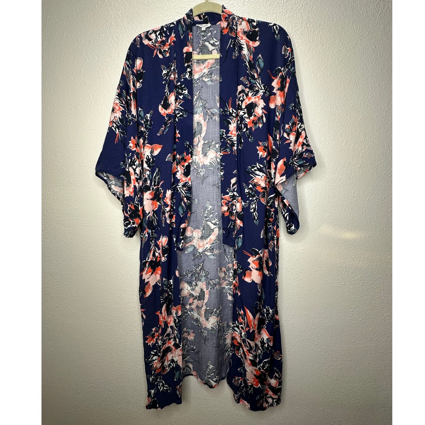 Splendid Navy Orange Ivory Multi Floral Short Sleeve Kimono Duster S