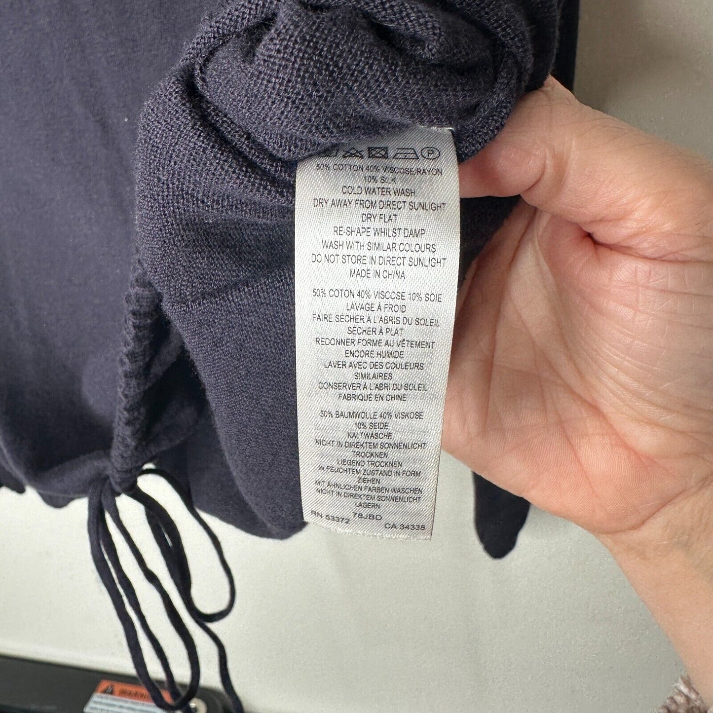 French Connection Drawstring Hem Silk Blend Long Sleeve VNeck Navy Sweater L