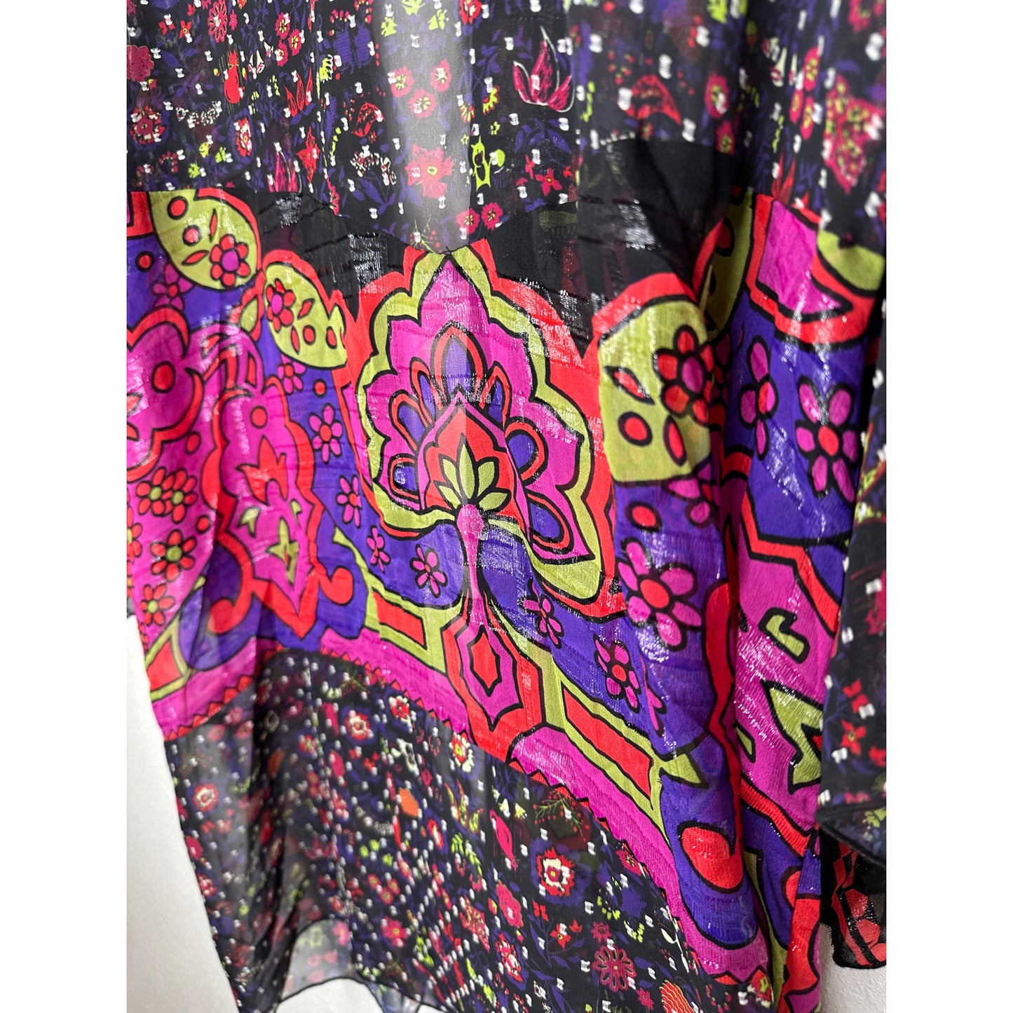 Anna Sui Multicolor Pink Black Purple Sheer Shimmer Floral Paisley Kimono M / L