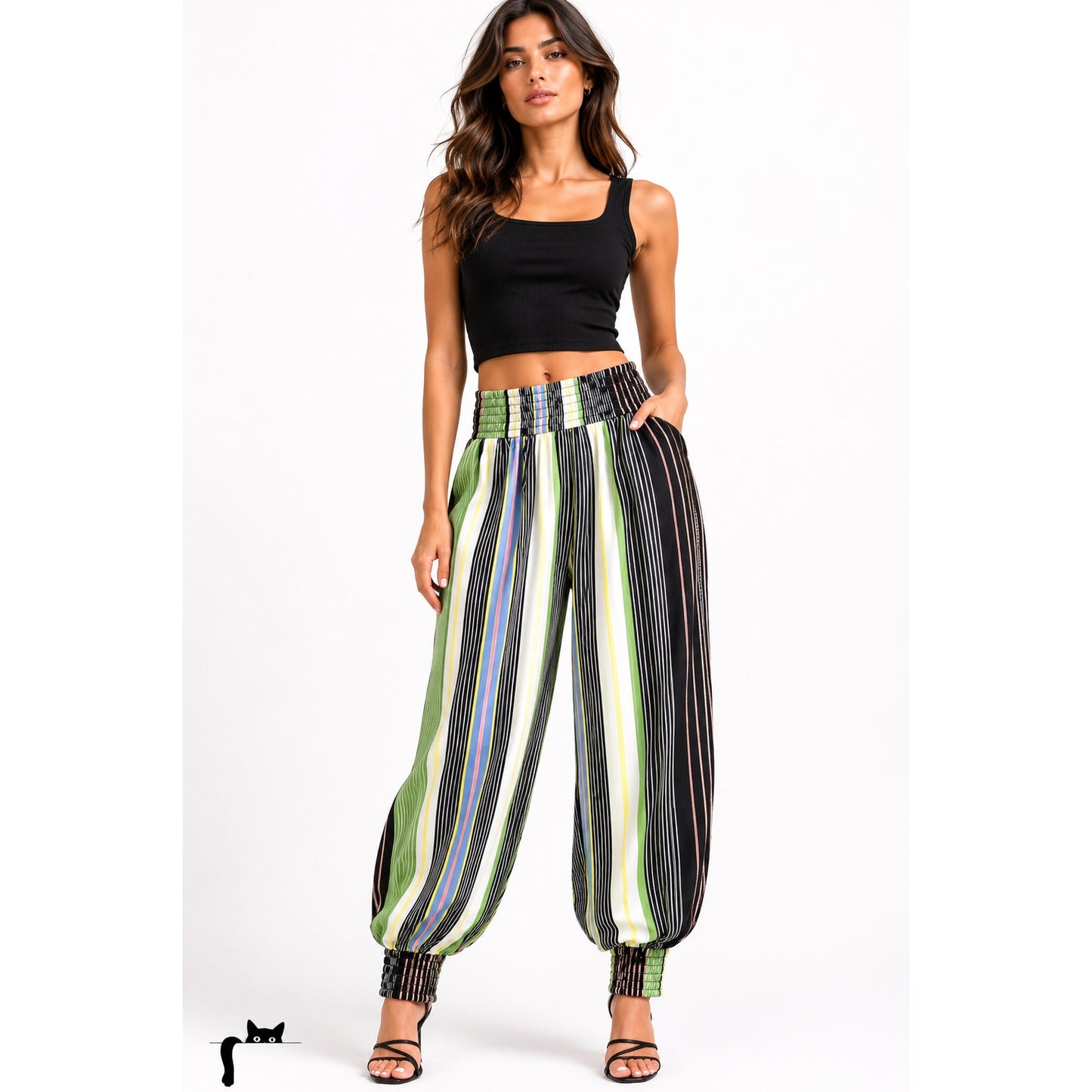 NWOT Tory Burch Green Blue White Multi Stripe Silk Harem Pants Banded Cuffs 2