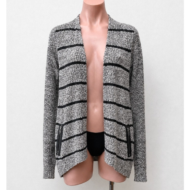 Lou & Grey Chunky Knit Black & Gray Off White Stripe Open Cardigan Zip Pocket XS