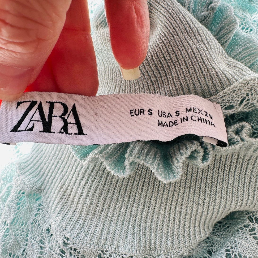ZARA Aqua Crochet Knit White Lace Stripe Ruffle Neck  Crop Sweater S