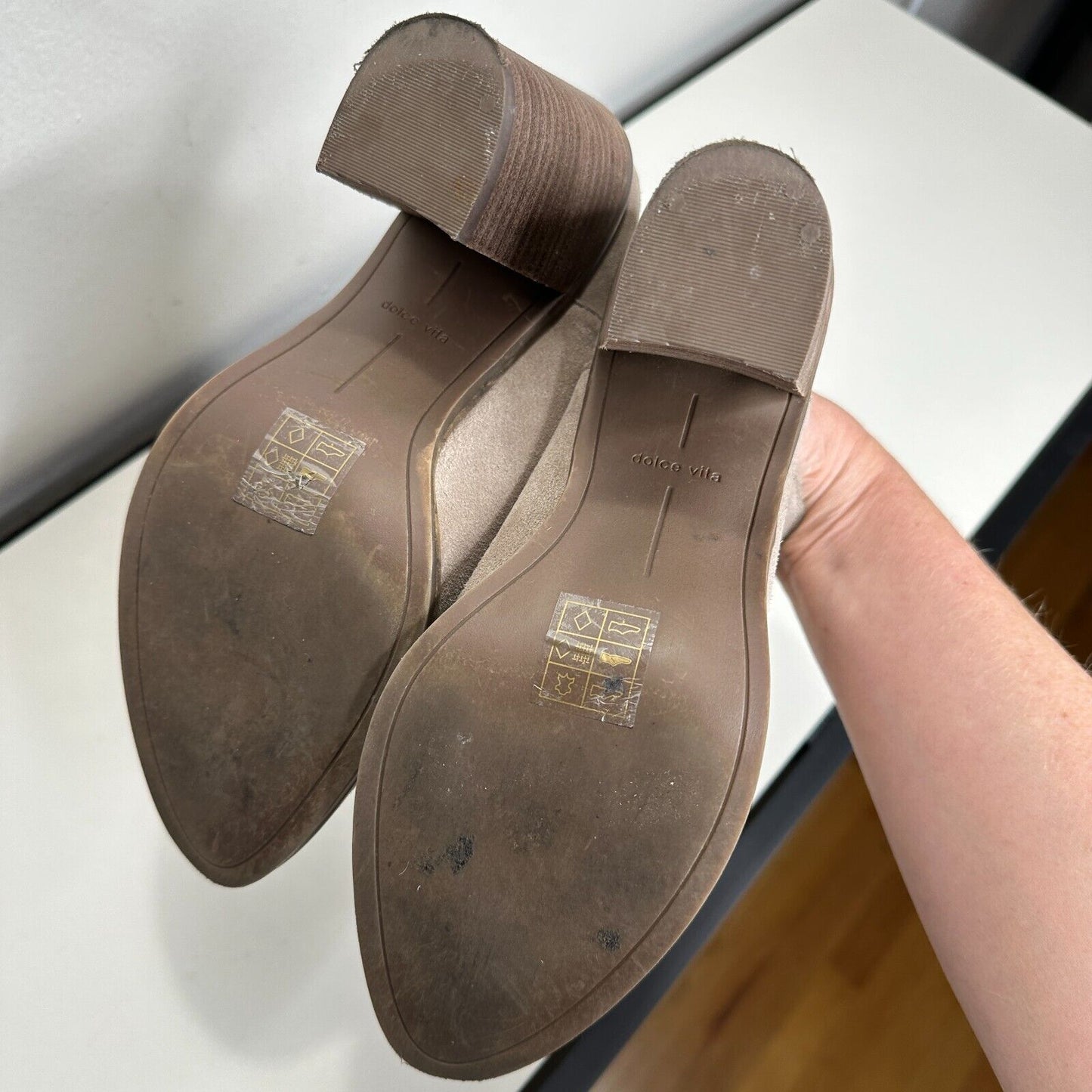Dolce Vita Gray Taupe Selene Suede Almond toe Slide Mule Bootie Block Heels 7.5