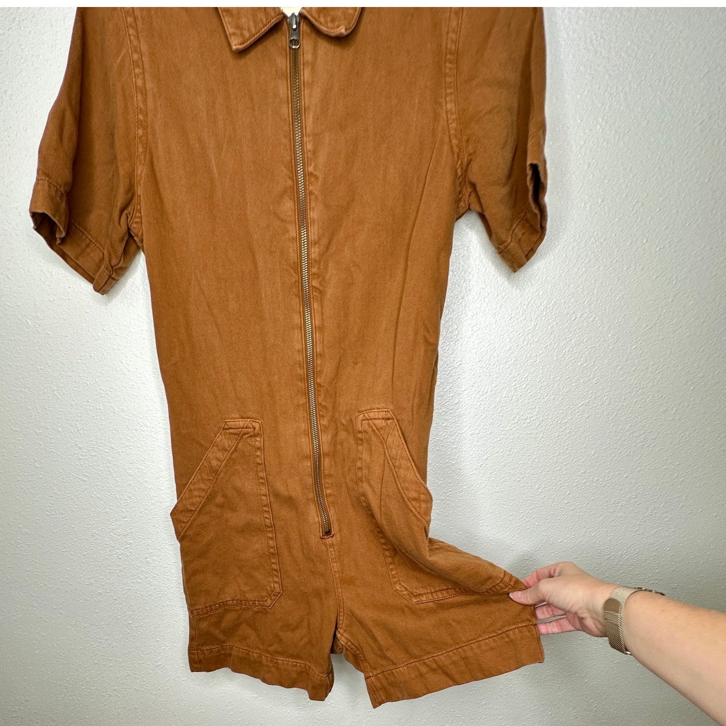Everlane The Denim Short Coverall Organic Cotton Brown Rust Romper 6