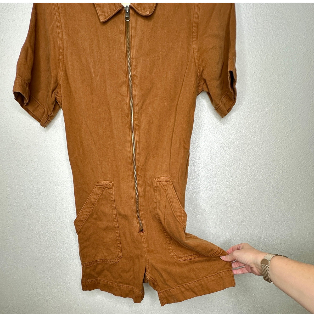 Everlane The Denim Short Coverall Organic Cotton Brown Rust Romper 6