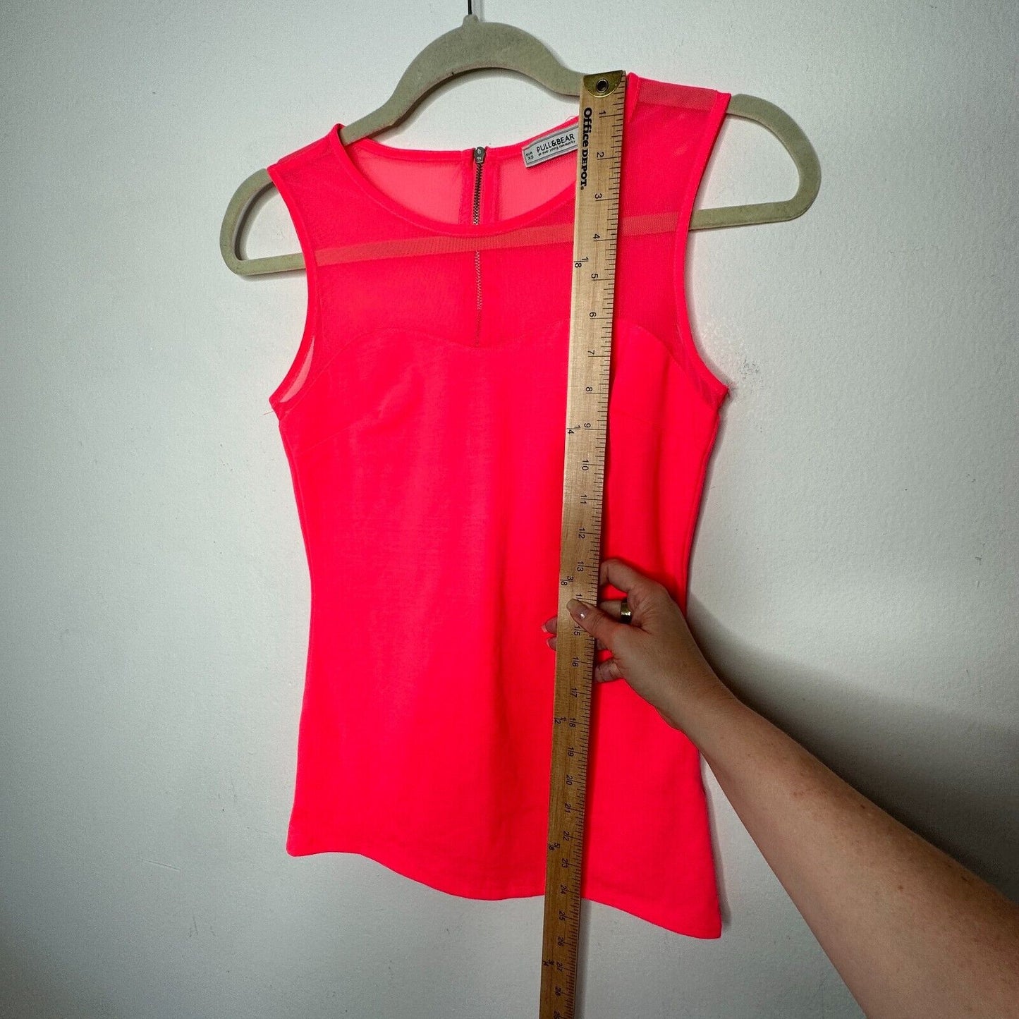 Pull & Bear Florescent Pink Sleeveless Cotton and Sheer Mesh Top Back Zip XS
