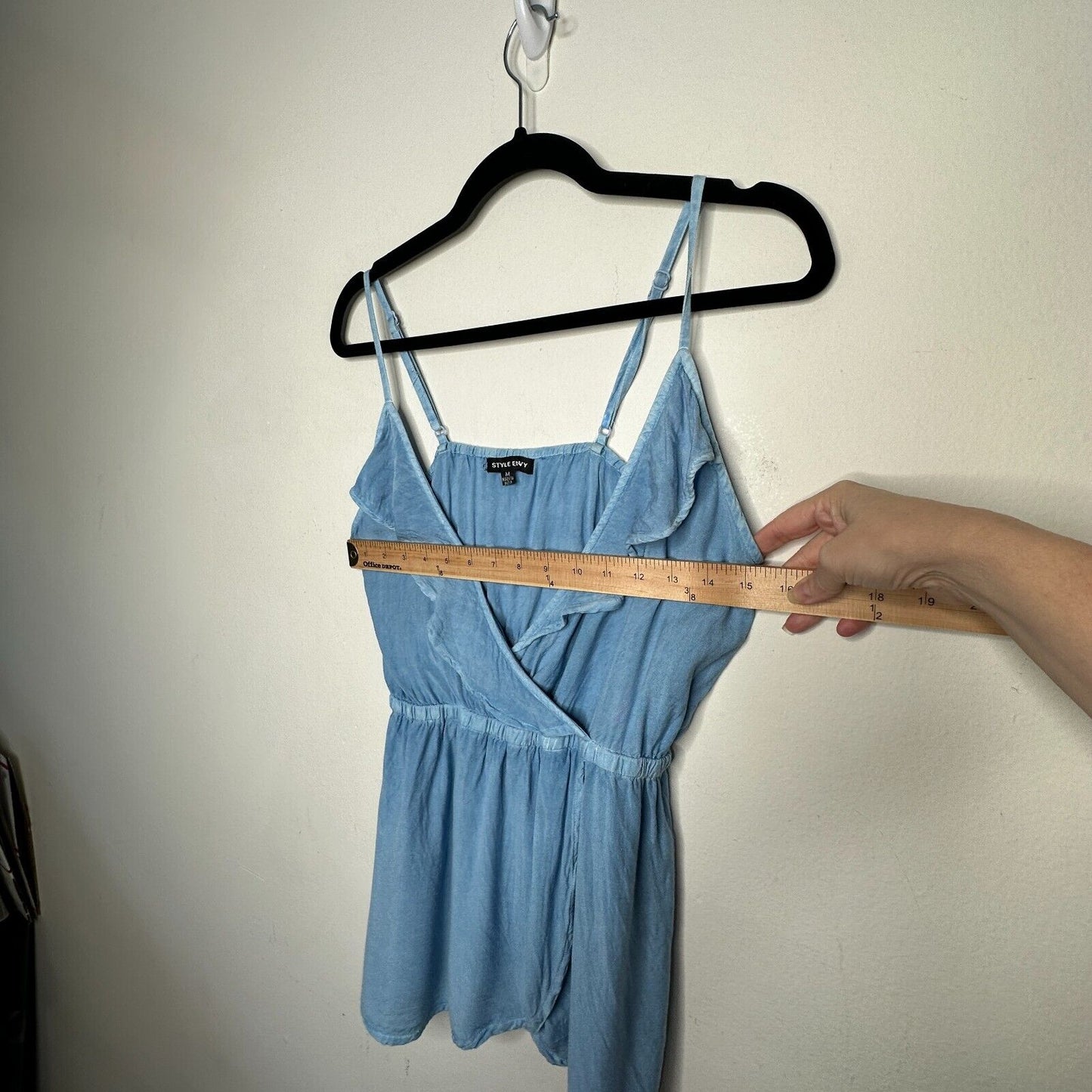 Light Denim Blue Rayon V-Neck Faux Wrap Ruffle Spaghetti Adj Strap Blouse Med