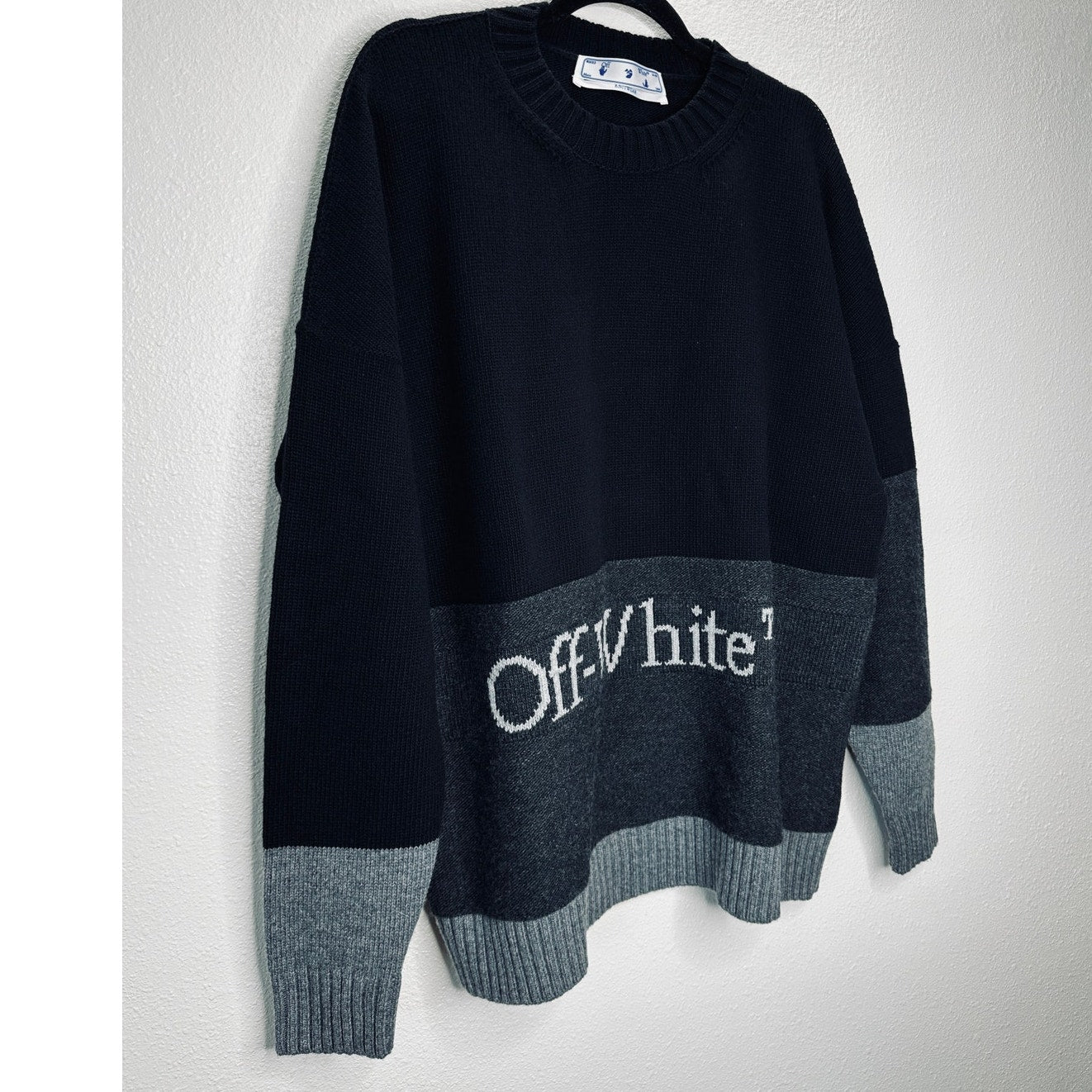Off White Wool Black & Gray Colorblock Crew Neck Sweater Jumper XL