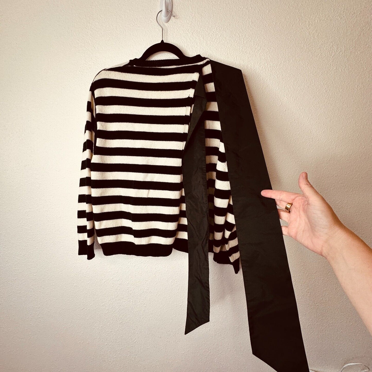 Valentino Off White & Black Horizontal Stripe Open Back Satin Shoulder Tie Top L