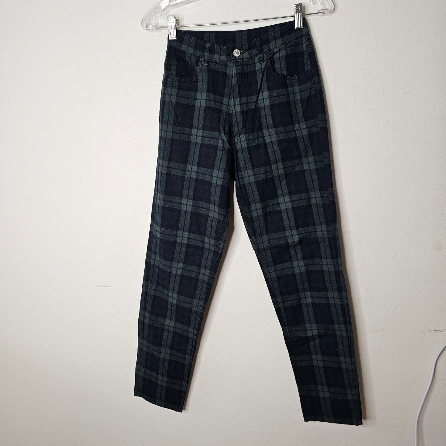 Brandy Melville John Galt Blue Green Plaid High Waist Zip Button Trouser Pant SM