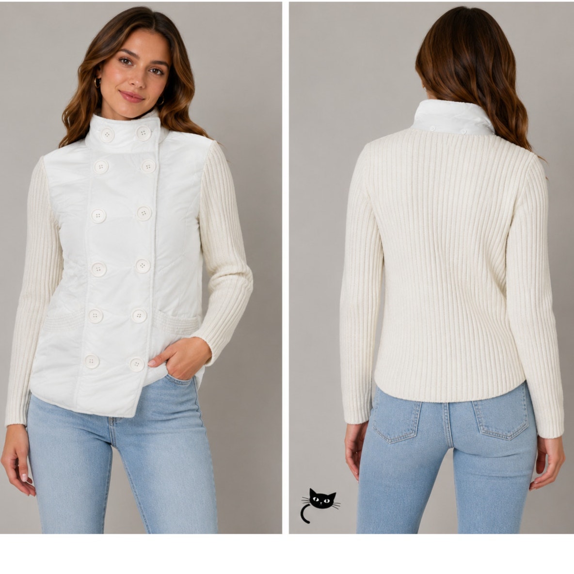JJAlways Women’s Cream/White Mixed Media Double-Breasted Jacket US S