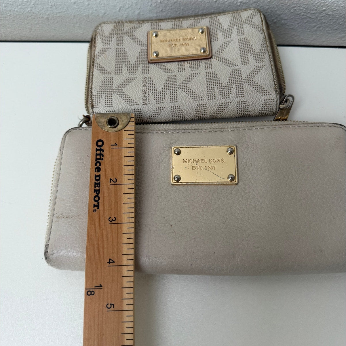 Michael Kors Set of 2 Cream Beige Signature Logo Zip Wallets