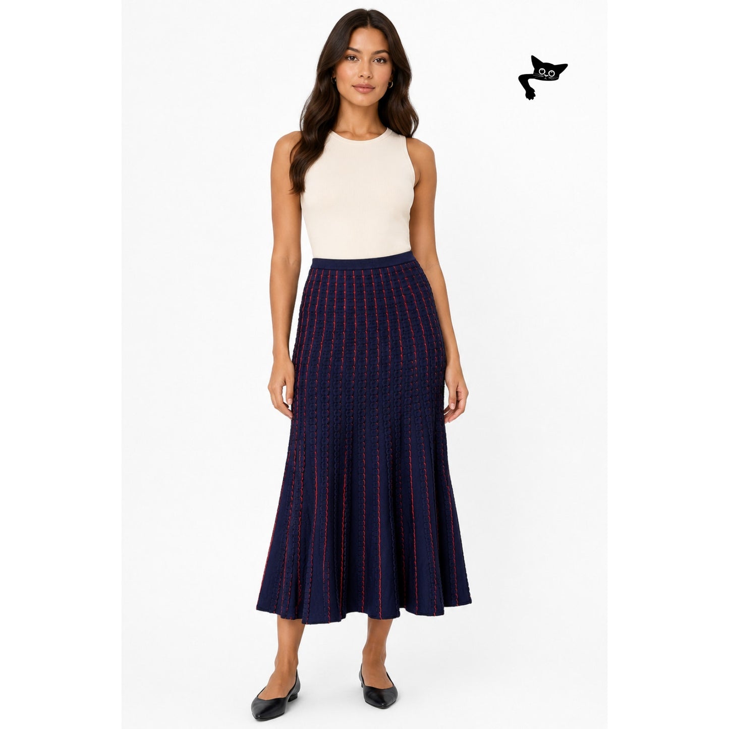 Zara Women Navy Red Striped Knit Midi Skirt US S