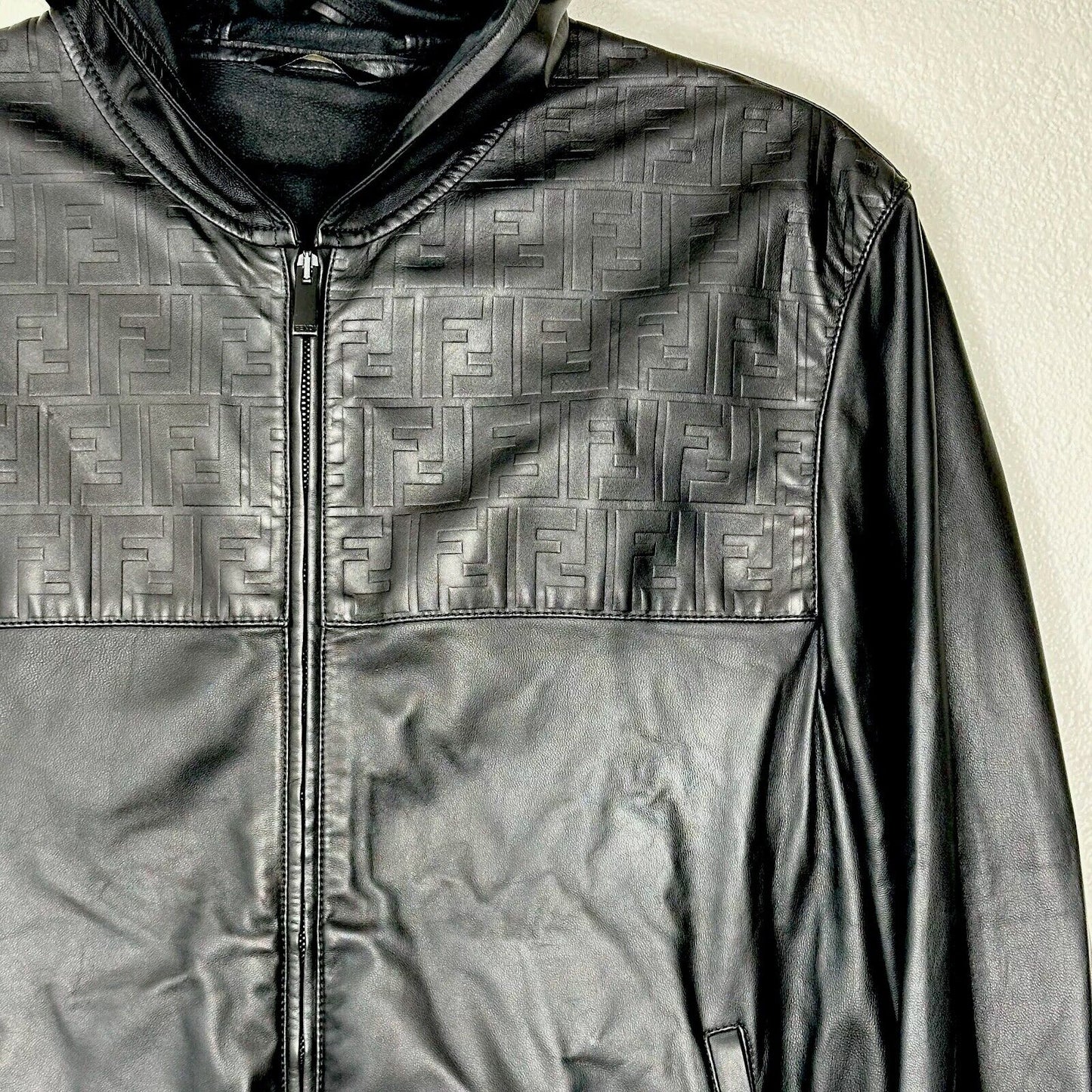 Fendi Black Soft Leather Fendi Embossed Monogram Front Long Sleeve Hooded Jacket