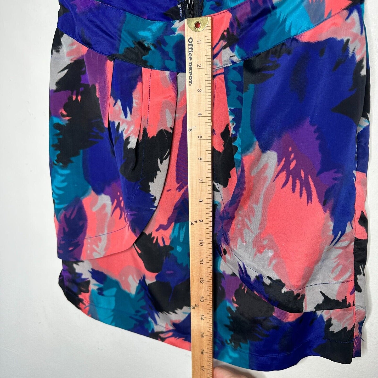 Delicia Satin Purple Pink Blue Geometric Light Side Tulip Zip Back Skirt S