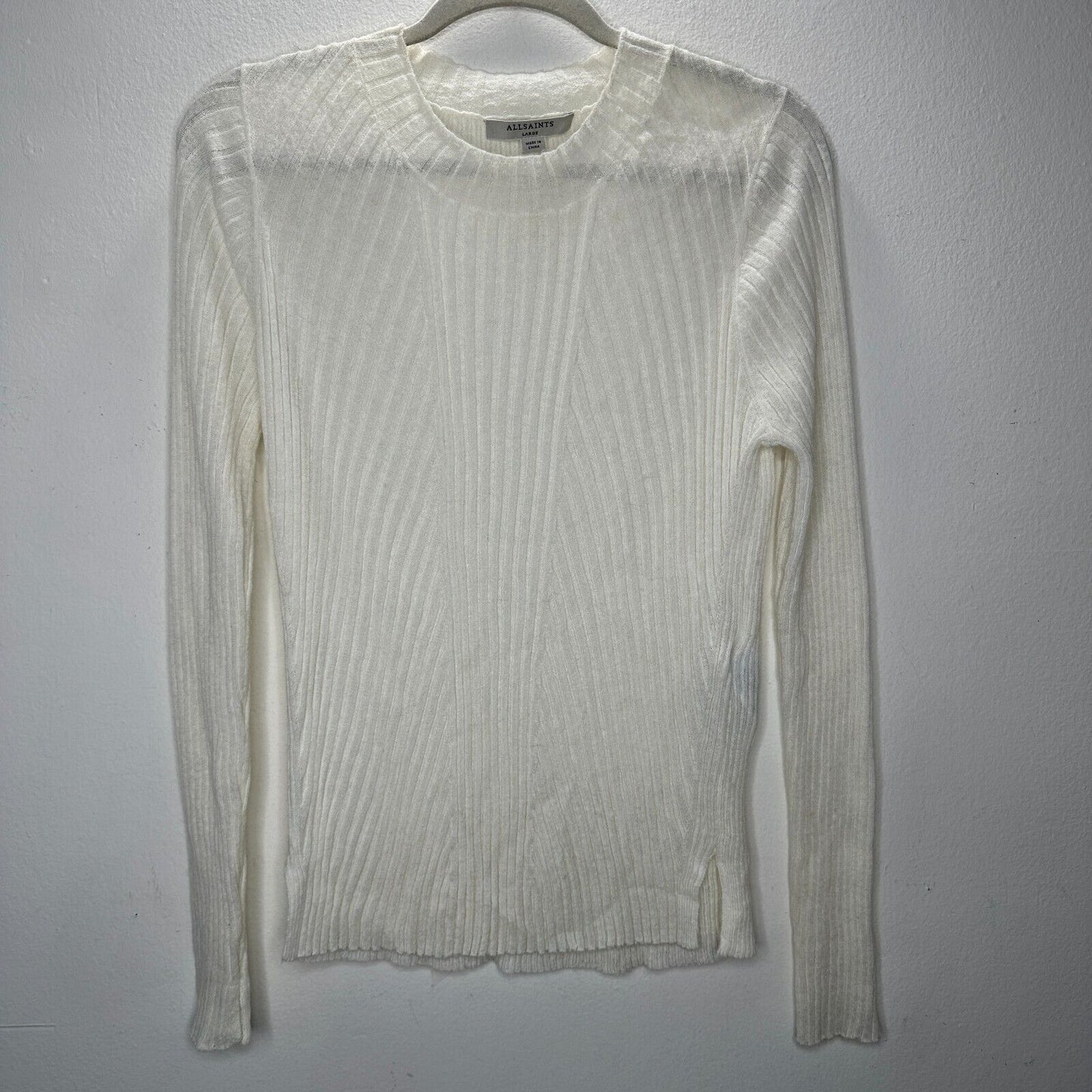 Allsaints Cream Ribbed Design Long Sleeve Round Neck Thin Light Sweater L
