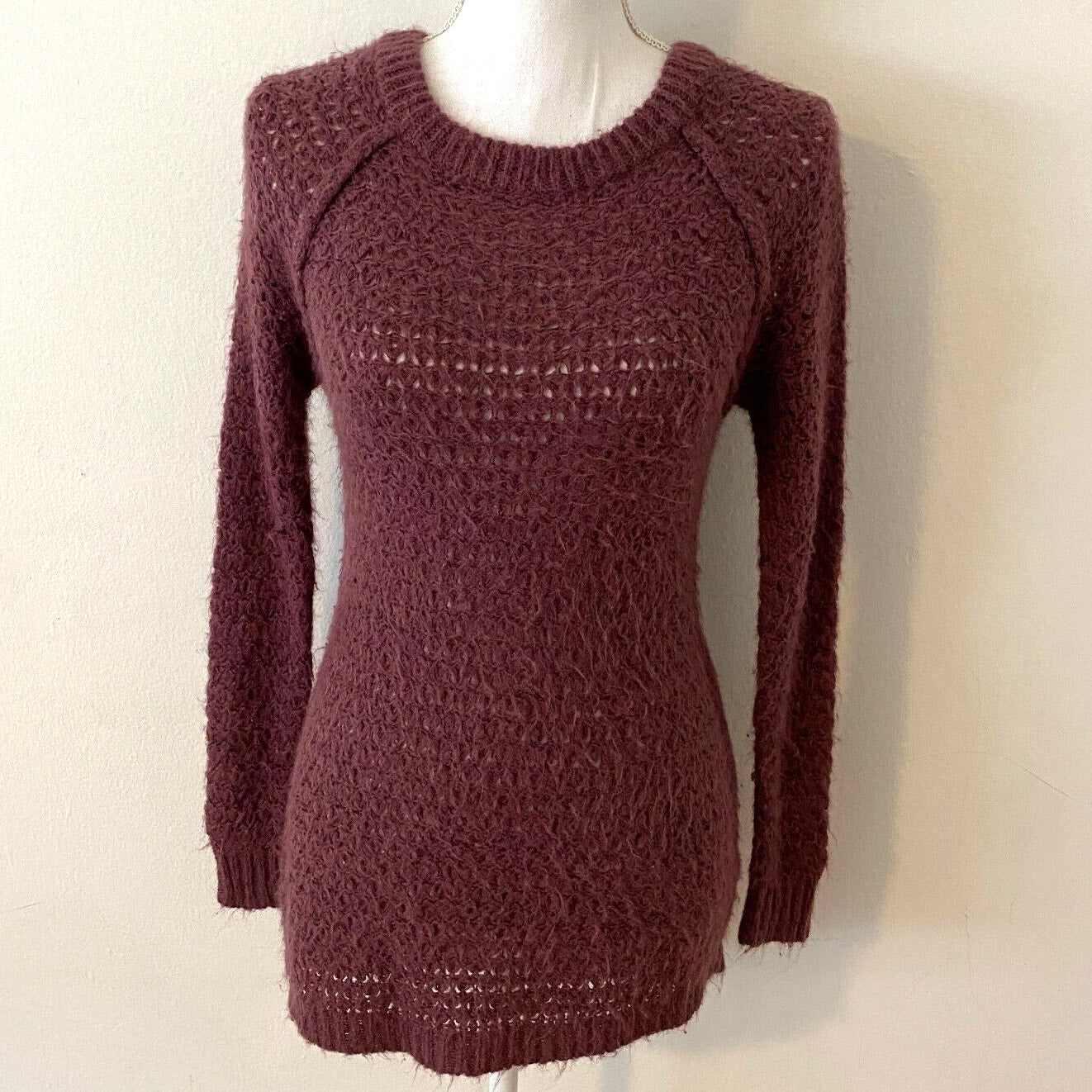 Frenchi Eggplant Soft Plum Fuzzy Loose-Knit Long Sleeve Round Neck Sweater XS