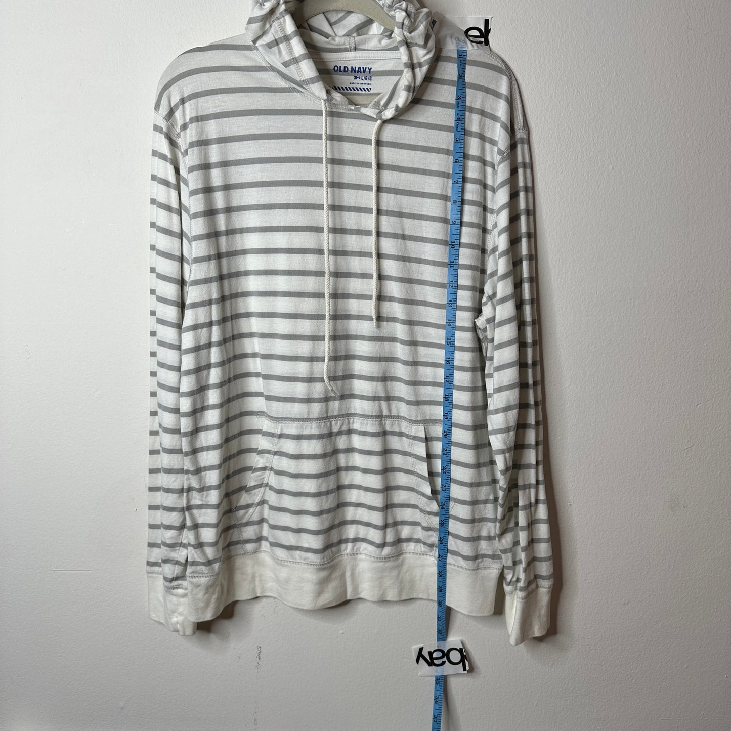 Old Navy White & Gray Striped Pullover Front Pocket Hoodie L