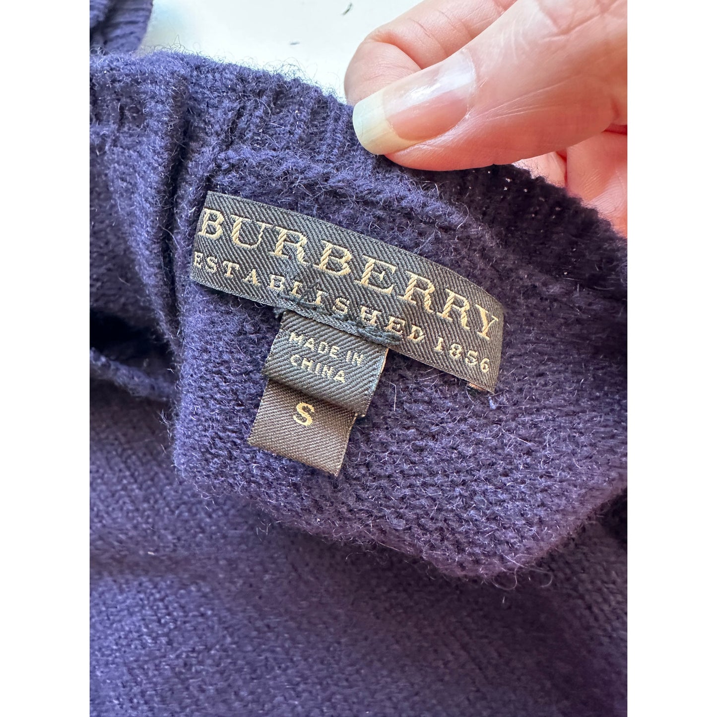 Burberry Dark Purple Round Neck Short Cuffed Sleeves Button Neck Sweater S