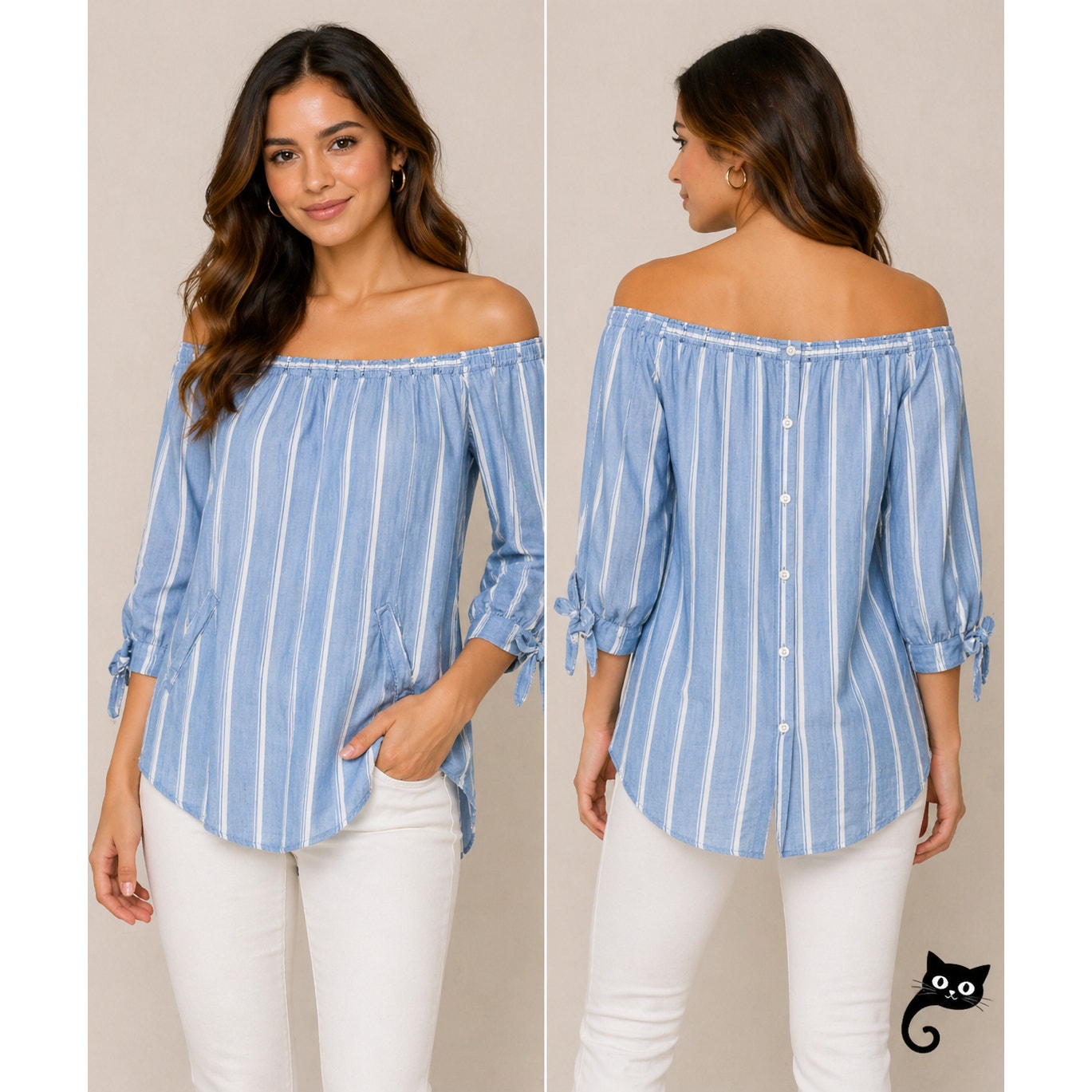 Billy T Blue & White Stripe Linen Off Shoulder 3/4 Tie-Sleeve Back Button Top XS