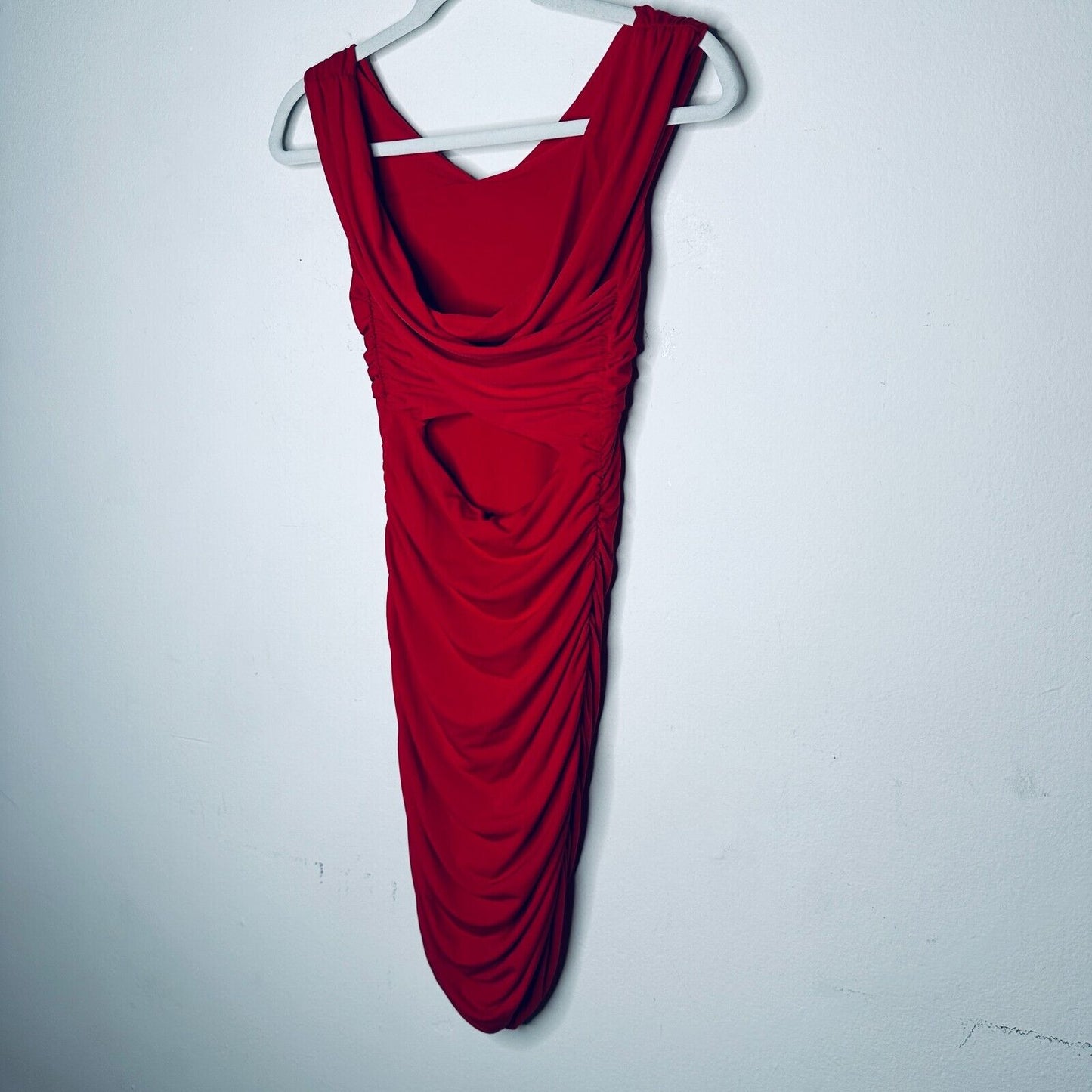 Guess Deep Red Ruched Draped Off-Shoulder Cross Back Mini Dress S