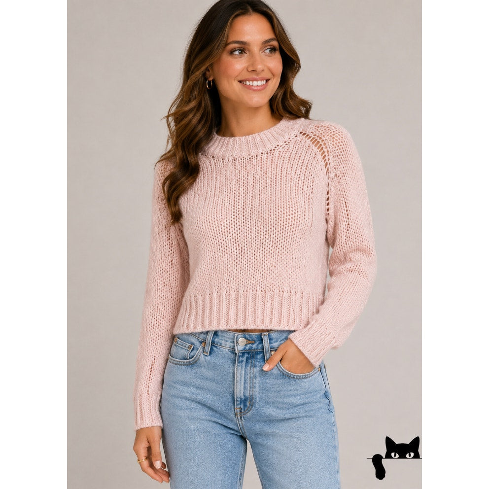 360 Cashmere Abbot Pale Rose Pink Loose Knit Crew Neck Band Cuff Neck Sweater S