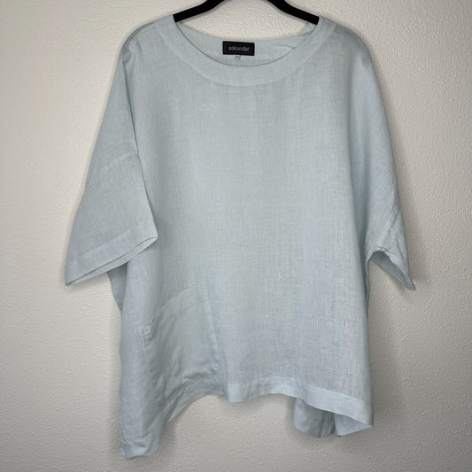 Eskandar Light Blue Boxy Linen Short Sleeve Front Pocket Round Neck Blouse Top 6