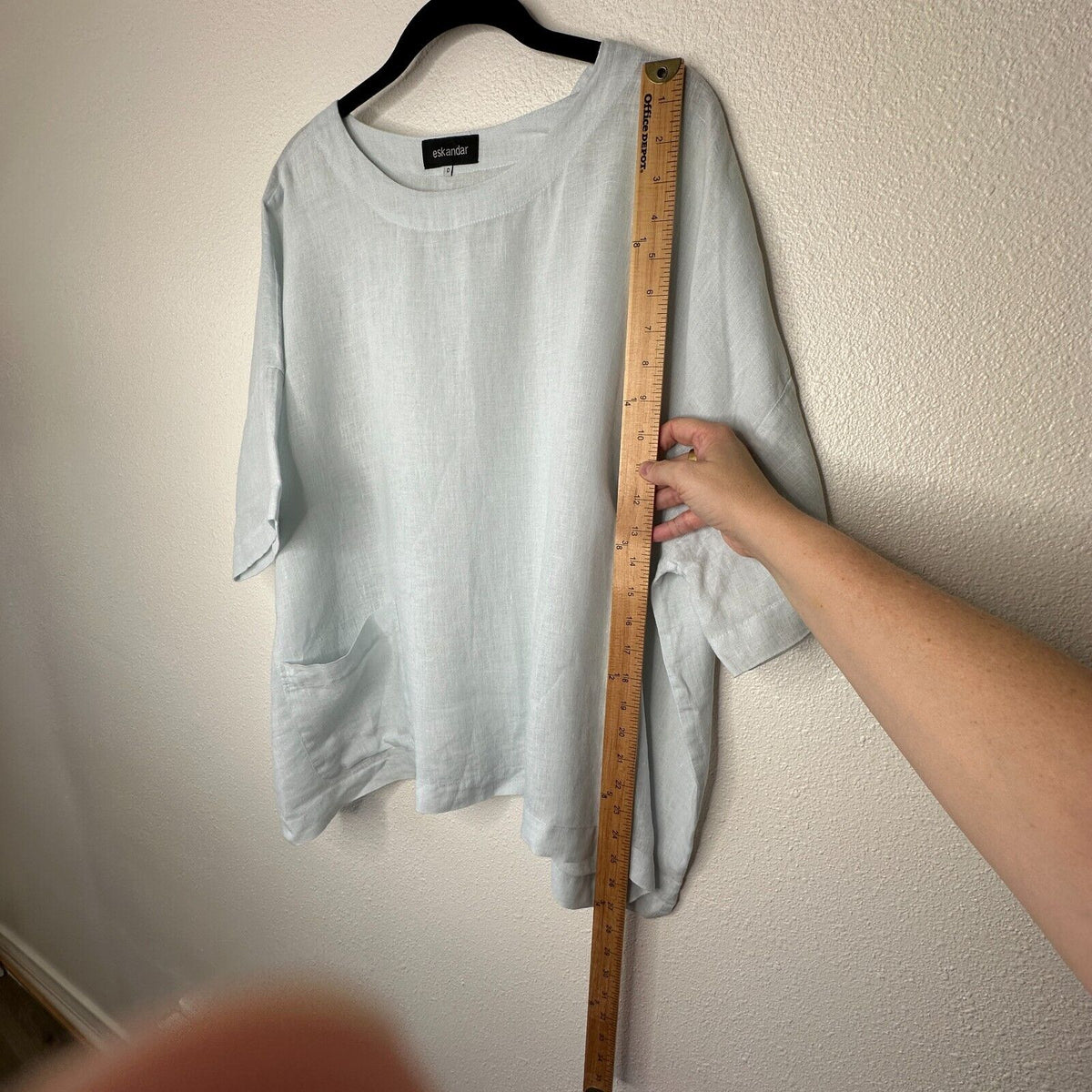 Eskandar Light Blue Boxy Linen Short Sleeve Front Pocket Round Neck Blouse Top 6