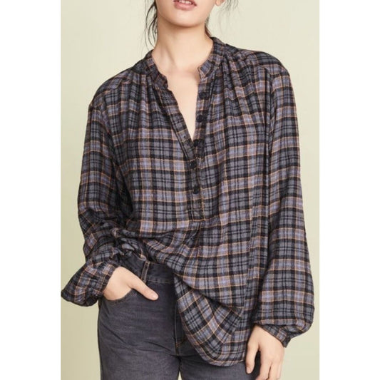 Free People Northern Bound Oversized Plaid Half Button Long Sleeve Shirt XS