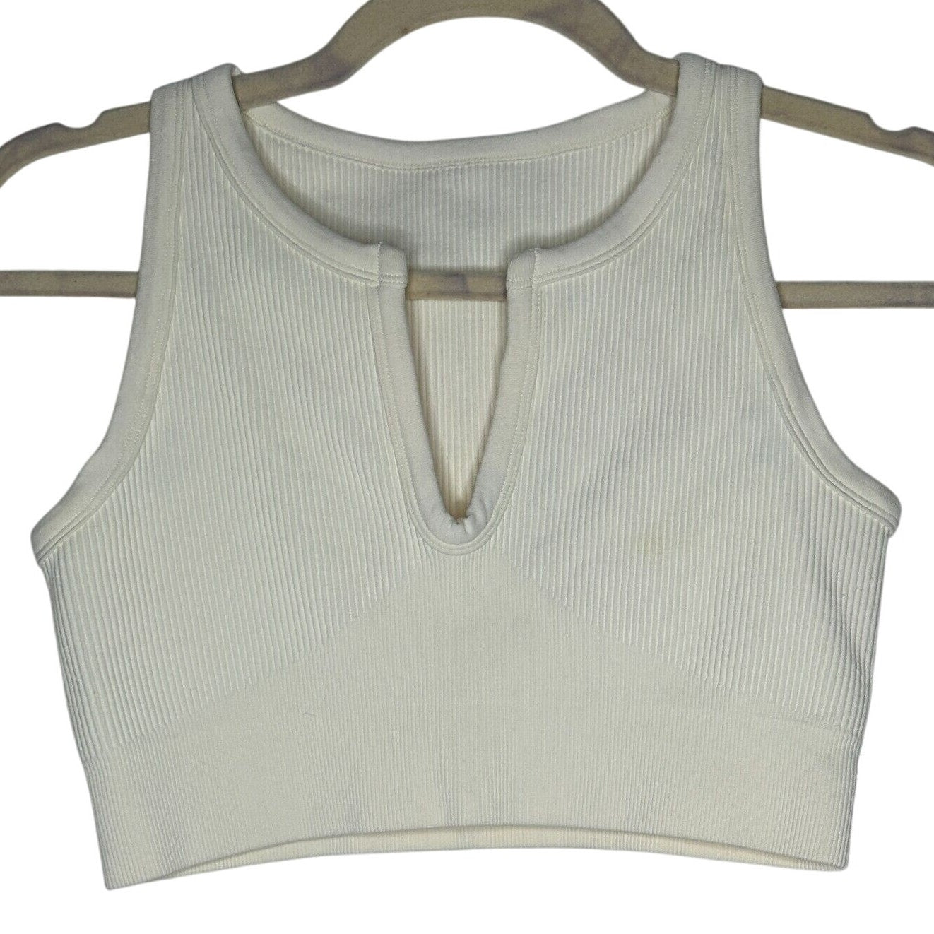 Cream Ribbed Knit Cut Front V-Neck Soft Sports Bra Crop Top No Inserts Medium