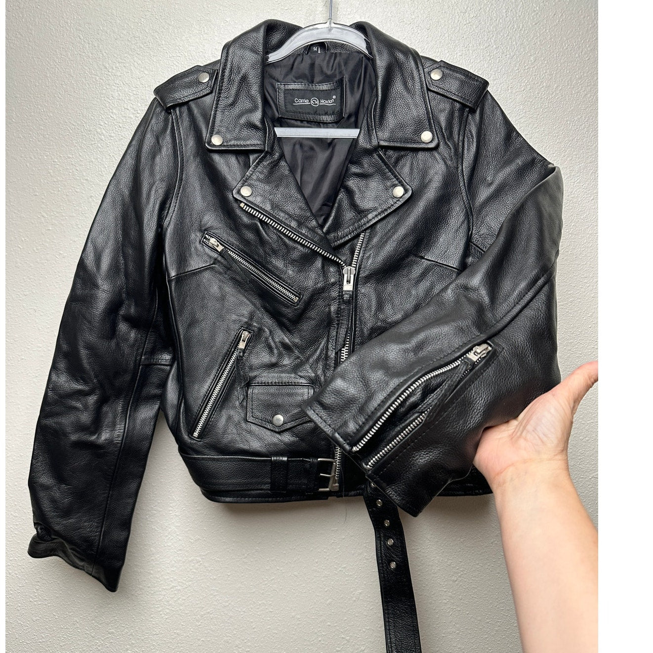 Carrie Hoxton Black Leather Moto Biker Jacket Women’s 14 Belted Zip
