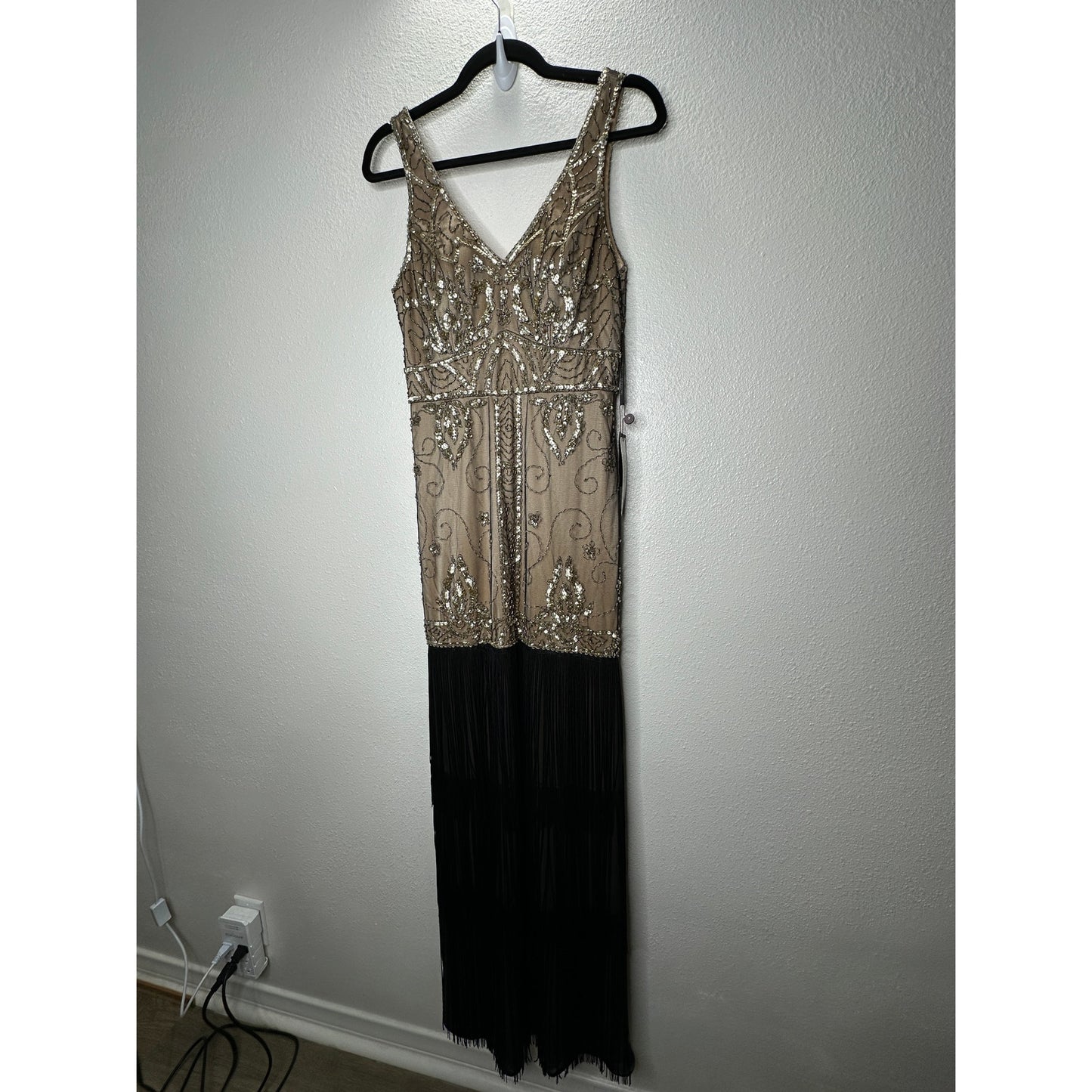 NWT Sue Wong Beaded Gold Mesh Top Black Fringe Bottom Evening Dress 8