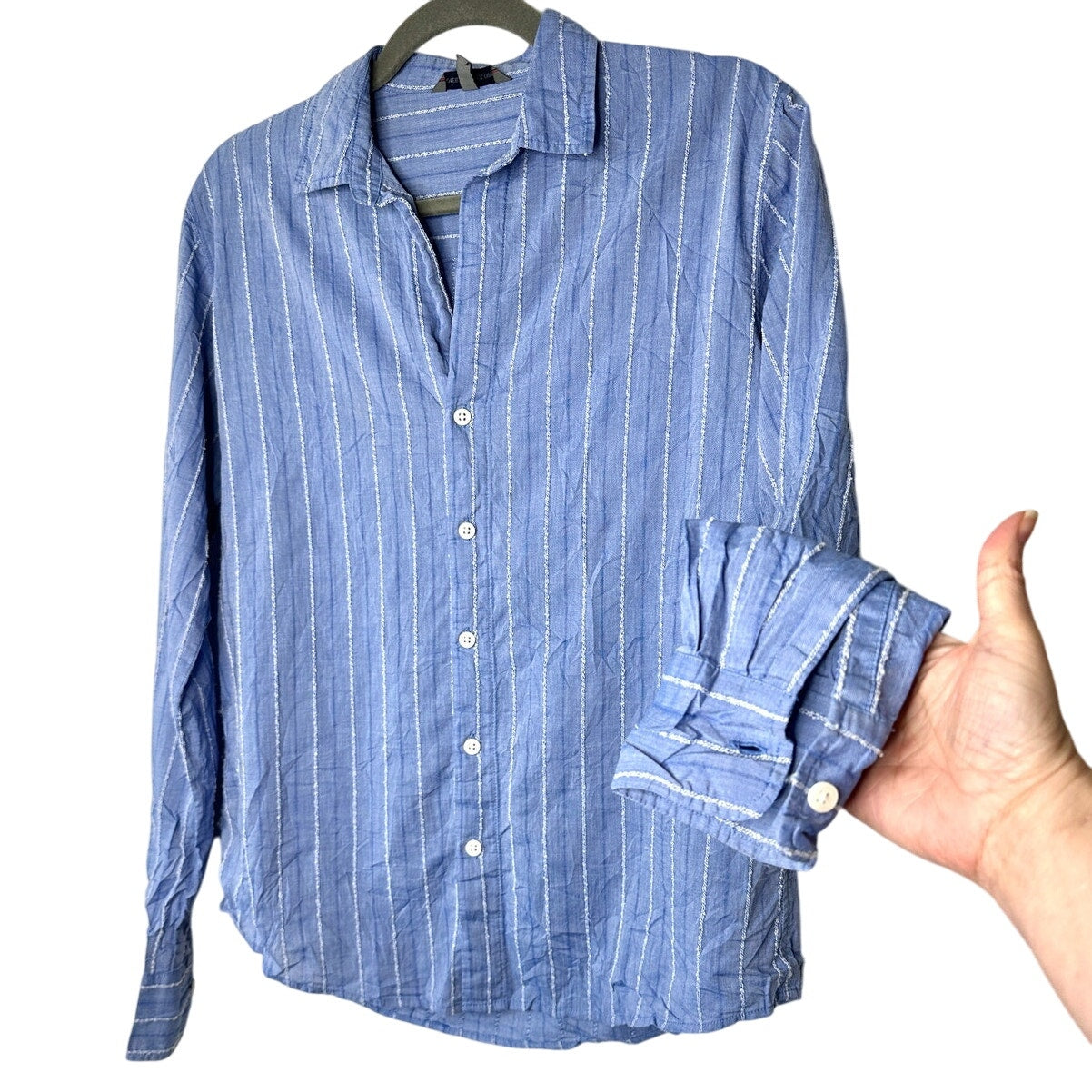 American Colors Denim Blue White Fuzzy Stitch Stripe Button Shirt M