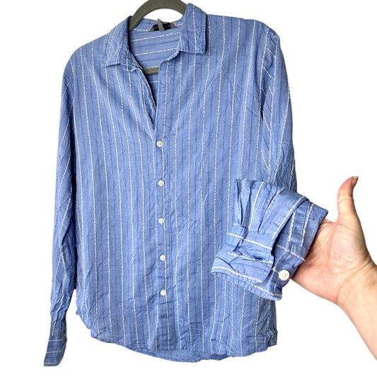 American Colors Denim Blue White Fuzzy Stitch Stripe Button Shirt M