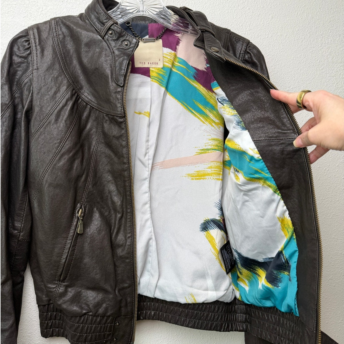 Ted Baker Brown Leather Jacket Womens US 6 Moto Gathered Zip