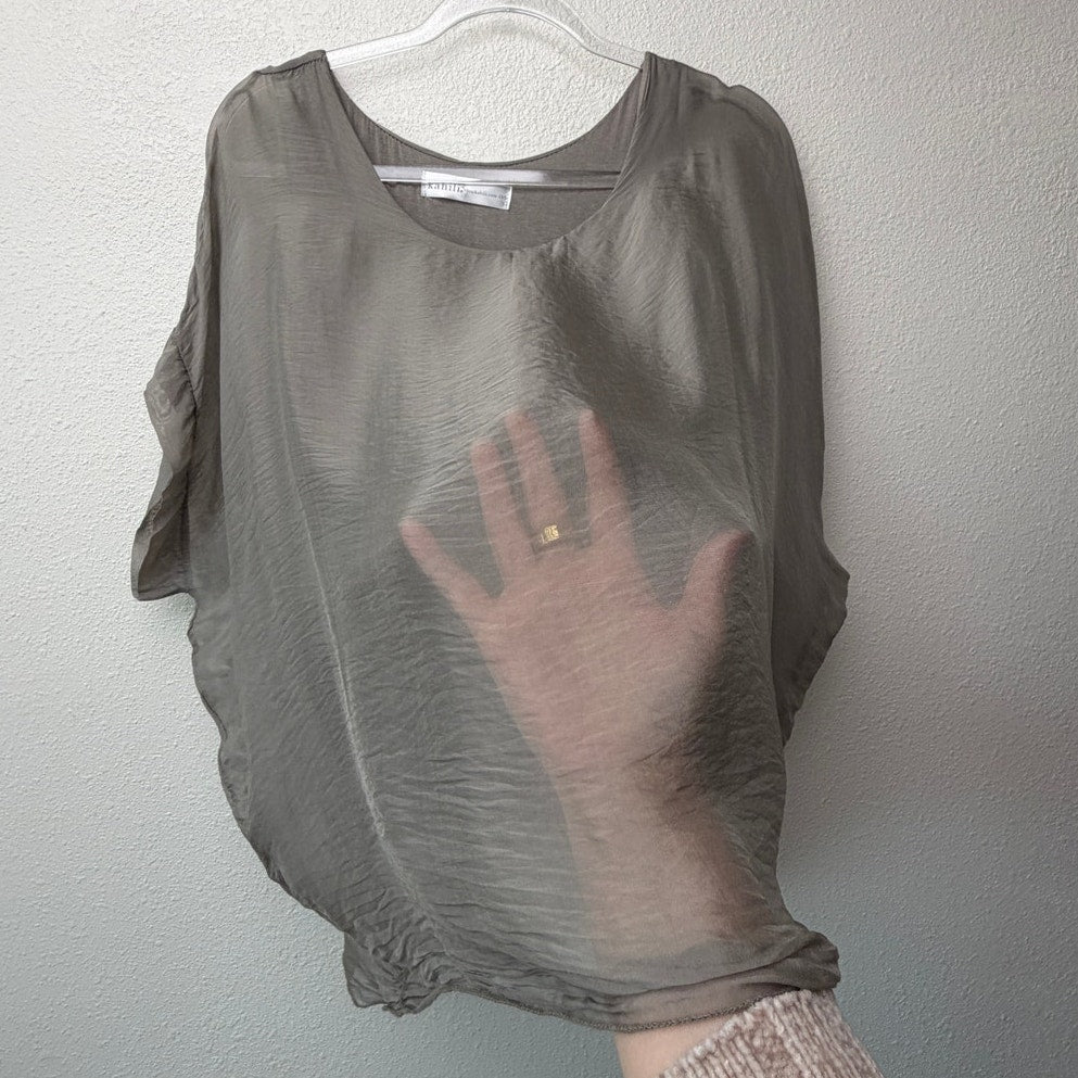 Kahili Taupe Martina Silk Top Sheer Chiffon Overlay Blouse O/S