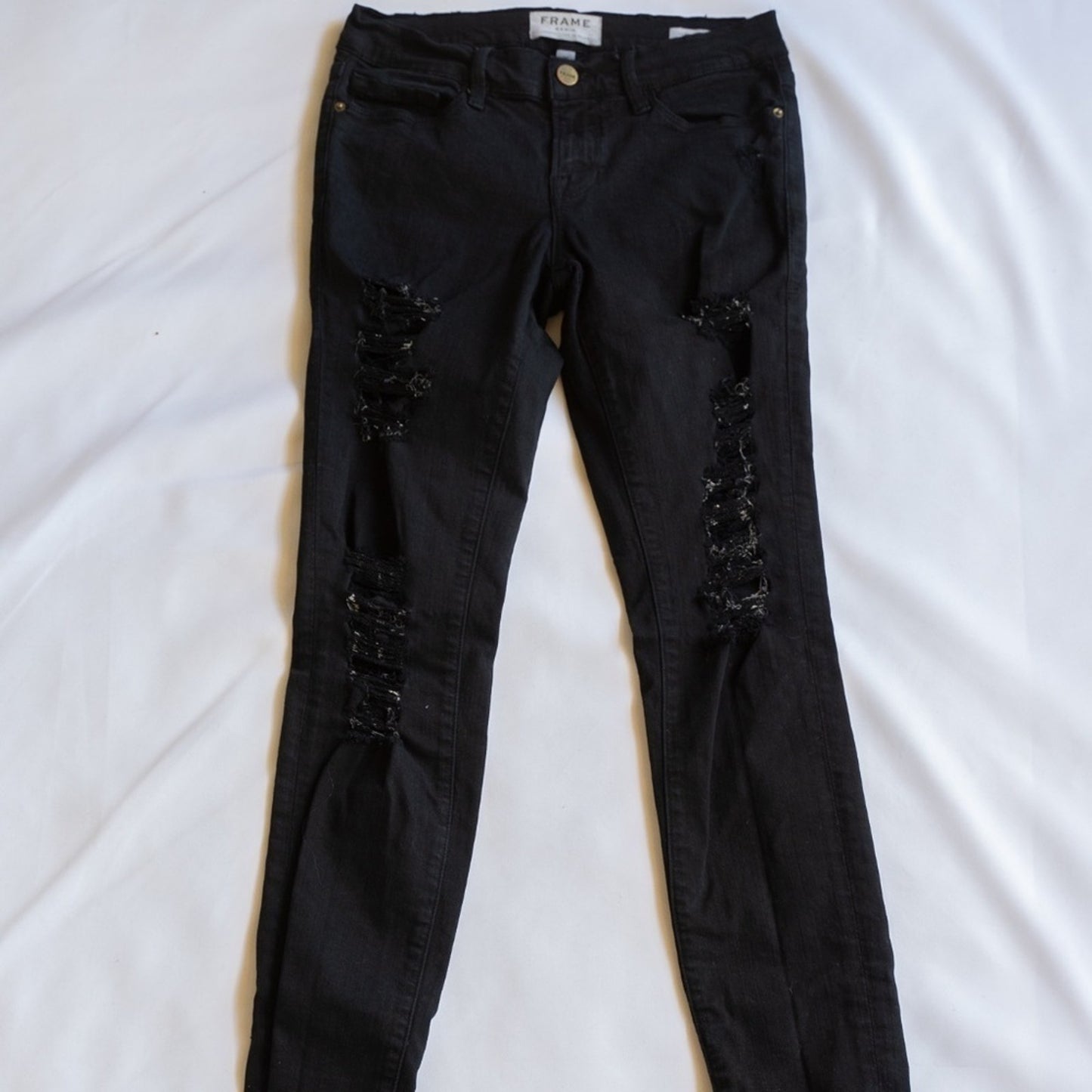 Frame Le Skinny De Jeanne Noir Black Distressed Skinny Jeans 25