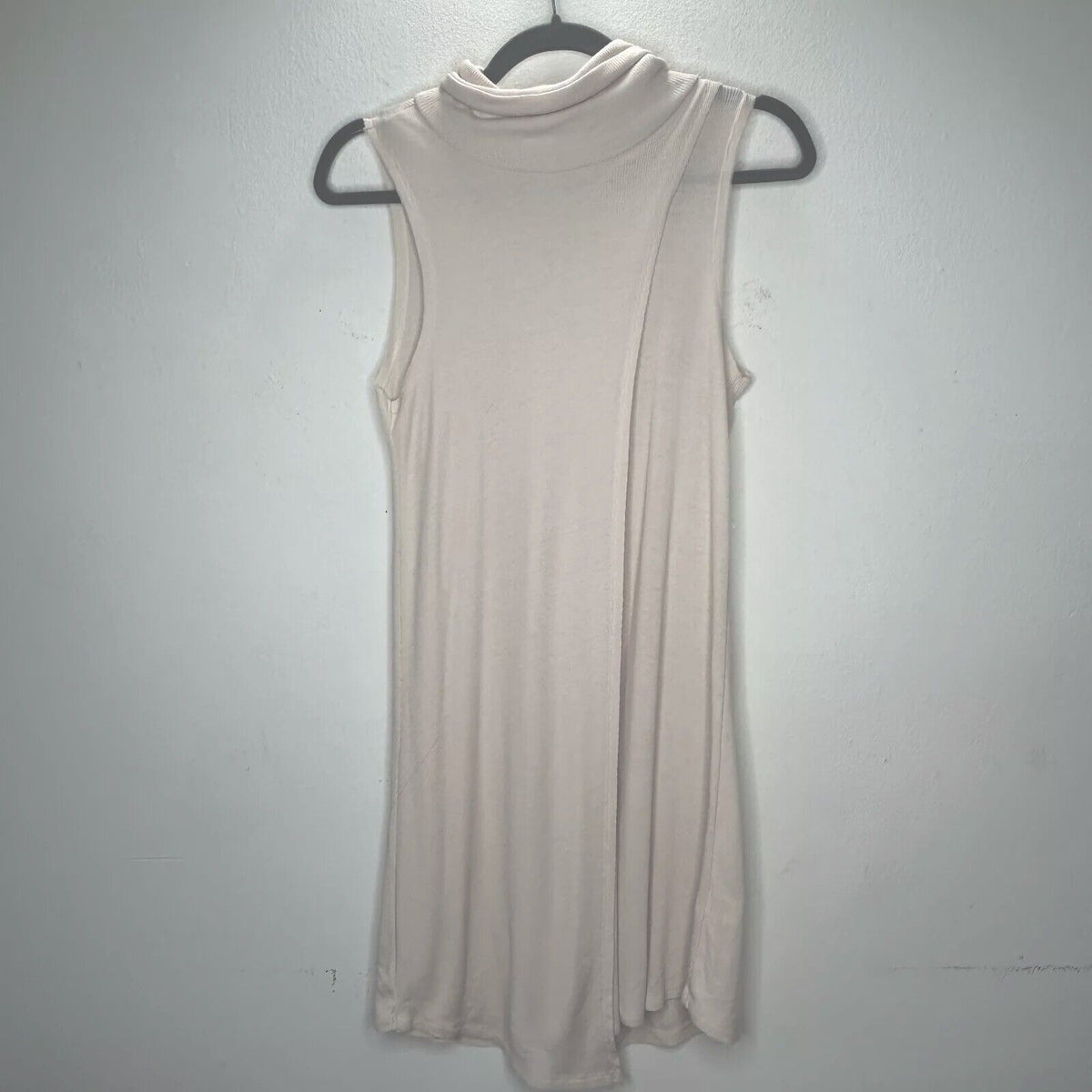 Hyfve Soft Cream Mock Neck Sleeveless Rib Knit Faux Asymmetrical Back Zip Dress