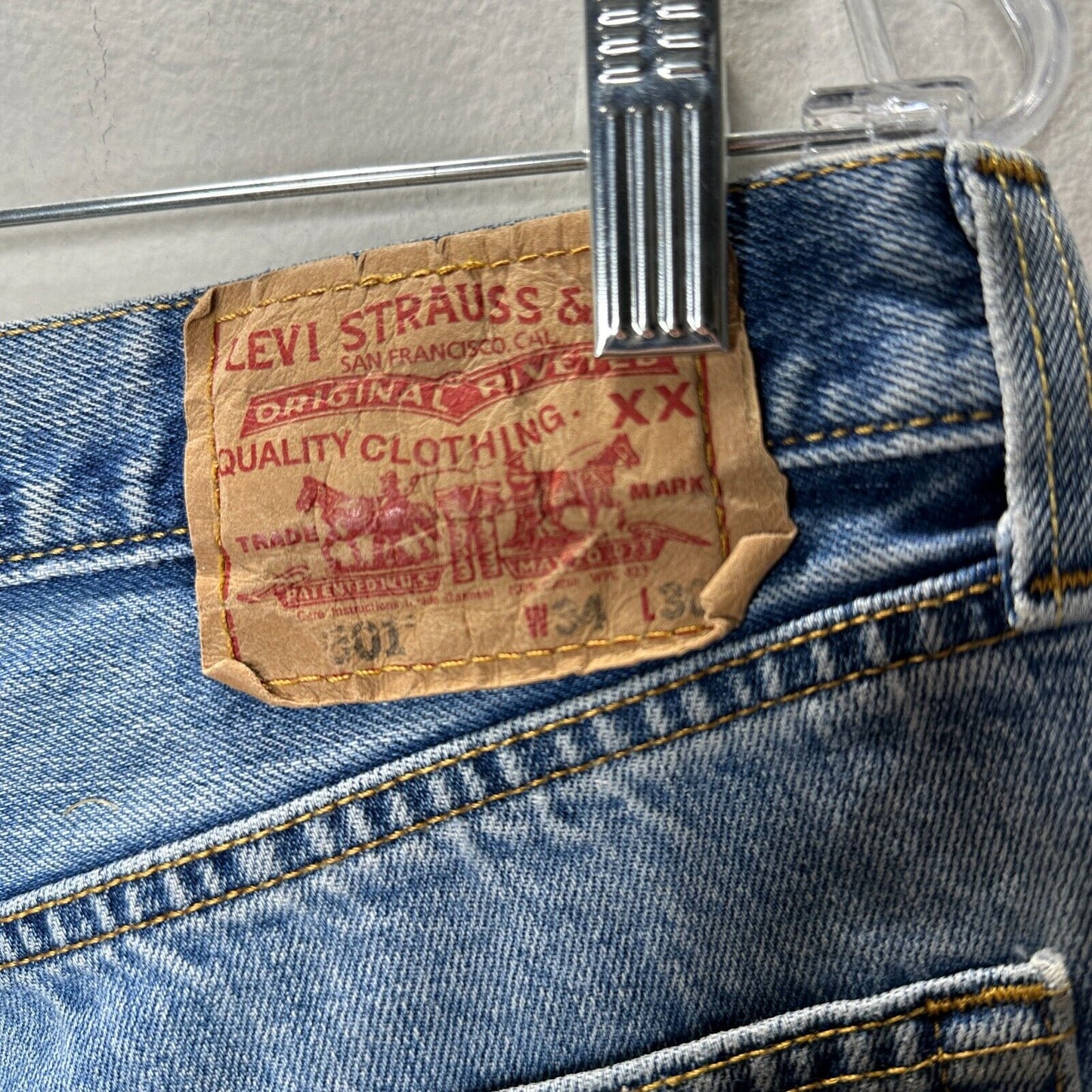 Levis 501 Medium Blue Wash Button Fly Distressed Raw Hem Shorts 34
