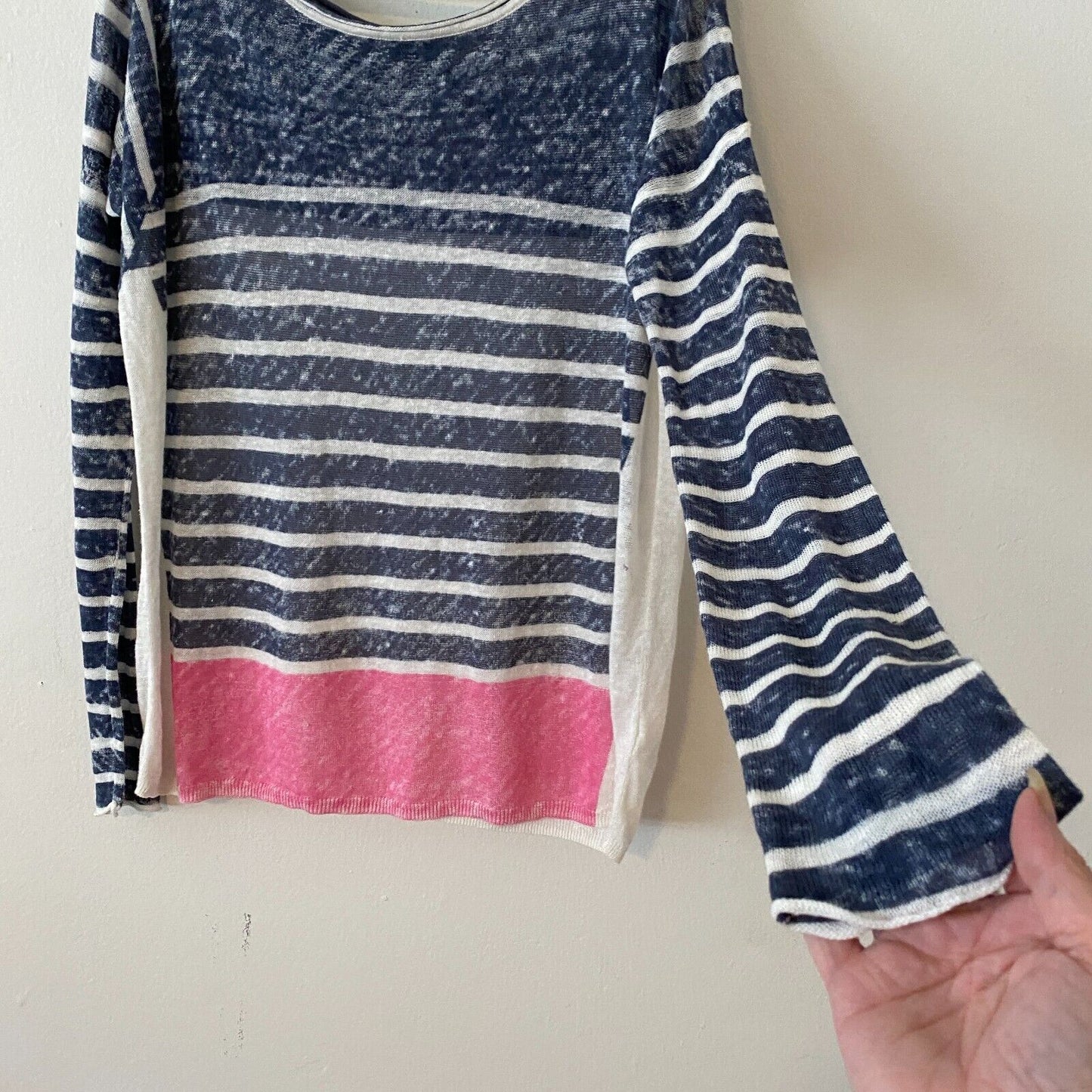 Splendid Blue White Pink Stripe Light Linen Boat-Neck Long Sleeve Sweater XS