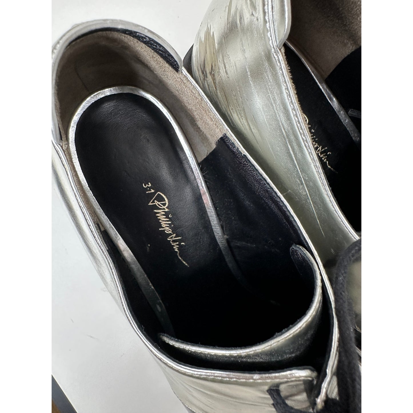 3.1 Phillip Lim Jillian Metallic Silver Shiny Black Oxford Tie Shoe 38 / 7.5