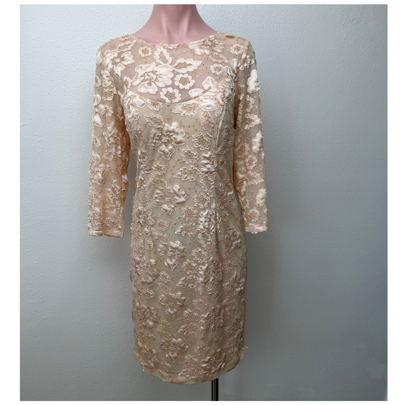 NWT Sue Wong Copper Lace Sheer Mesh Dress 3/4 Sleeve Floral Satin Size 14