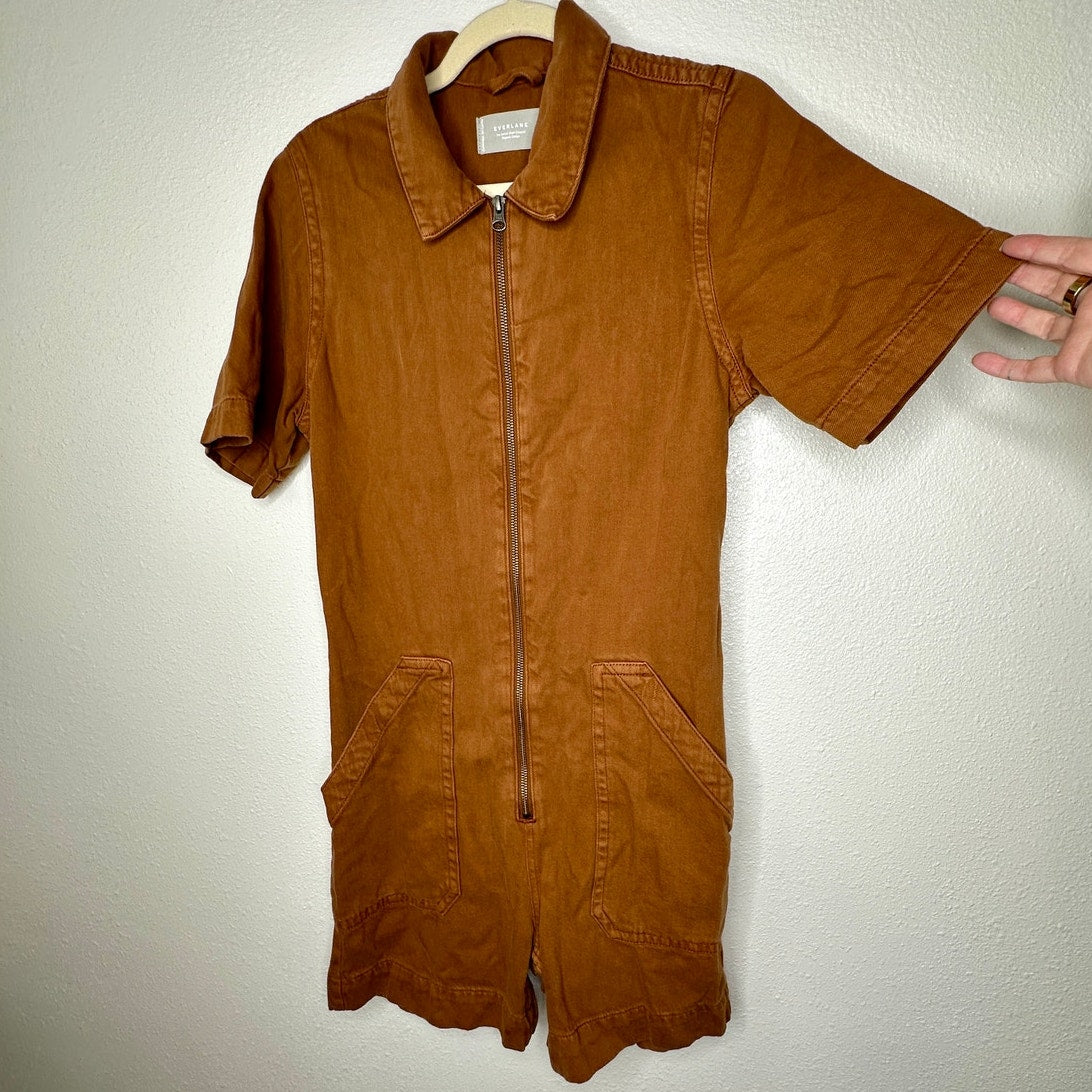 Everlane The Denim Short Coverall Organic Cotton Brown Rust Romper 6