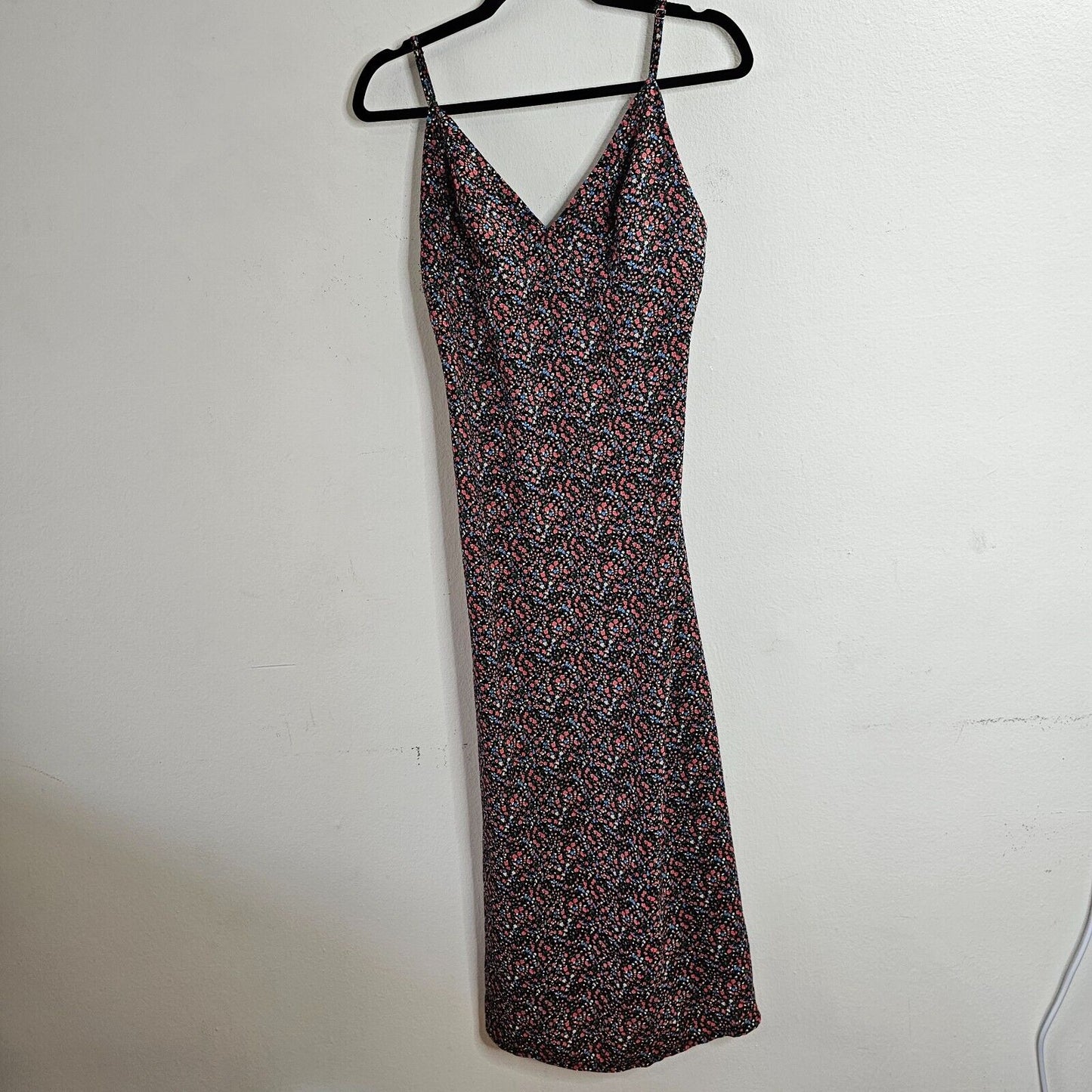 Polly Black Pink Blue Floral Print VNeck Spaghetti Strap Side Slit Dress 6