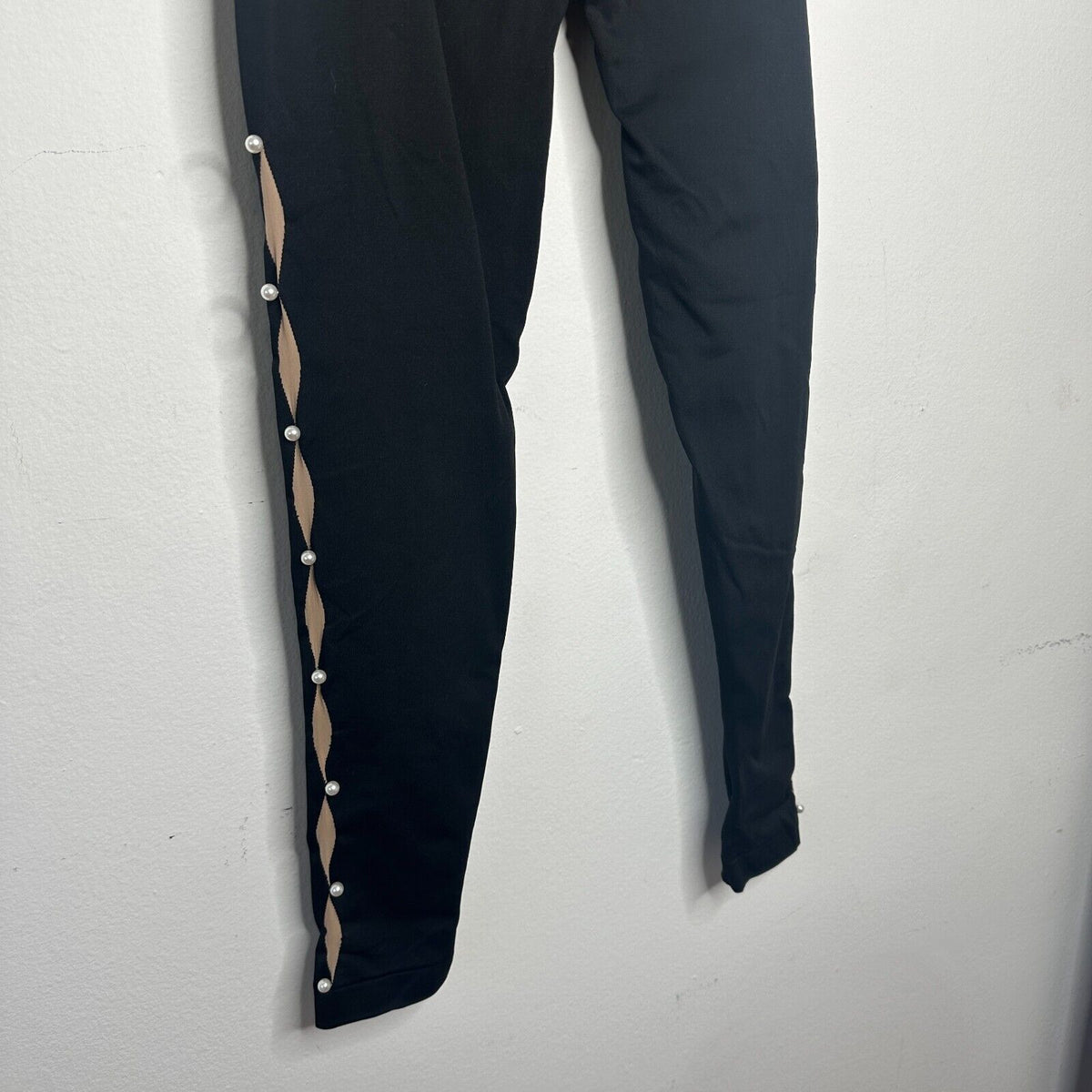 Wolford Sexy Black Linda Leggings Open Side Slit Tan & Pearl Embellishment Small